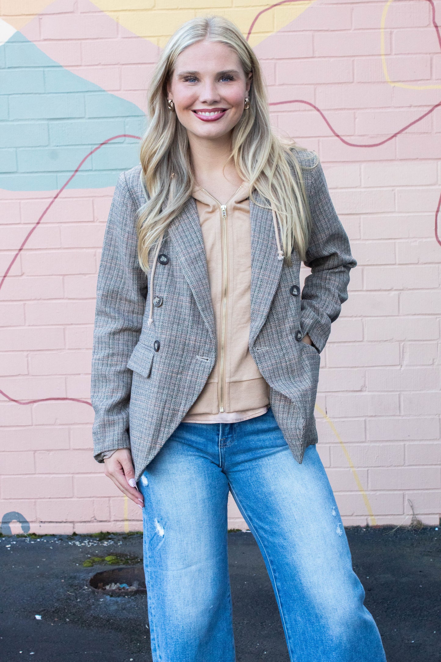  Jovie Herringbone Pattern Hooded Blazer, Tan Combo