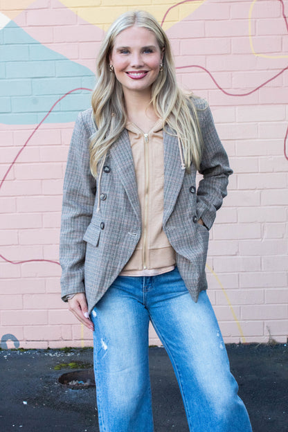  Jovie Herringbone Pattern Hooded Blazer, Tan Combo