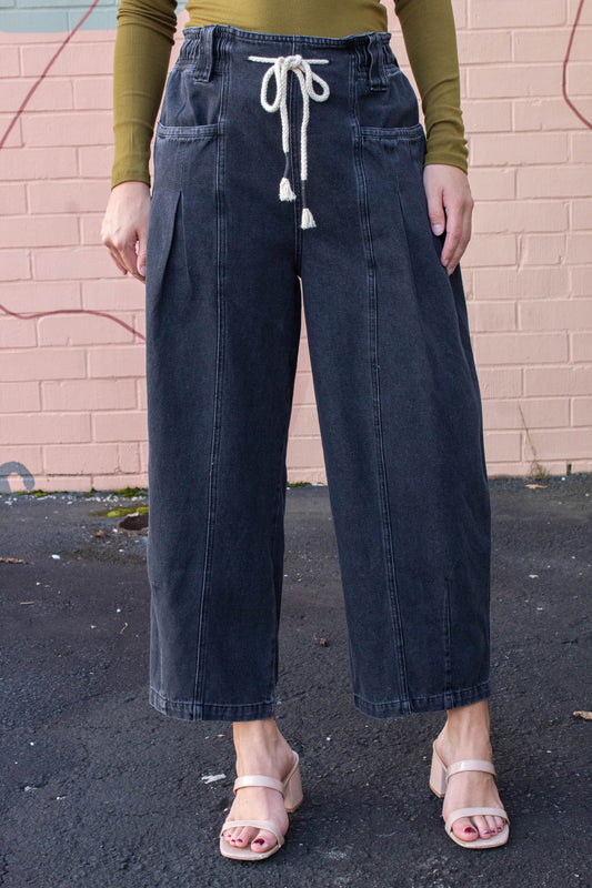  Raya Drawstring Barrel Leg Pants, Black Denim