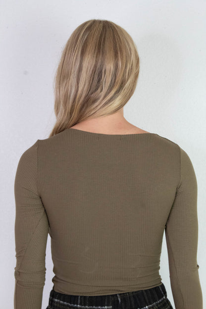  Elowyn Double Layer Rib Knit Tee, Army Olive