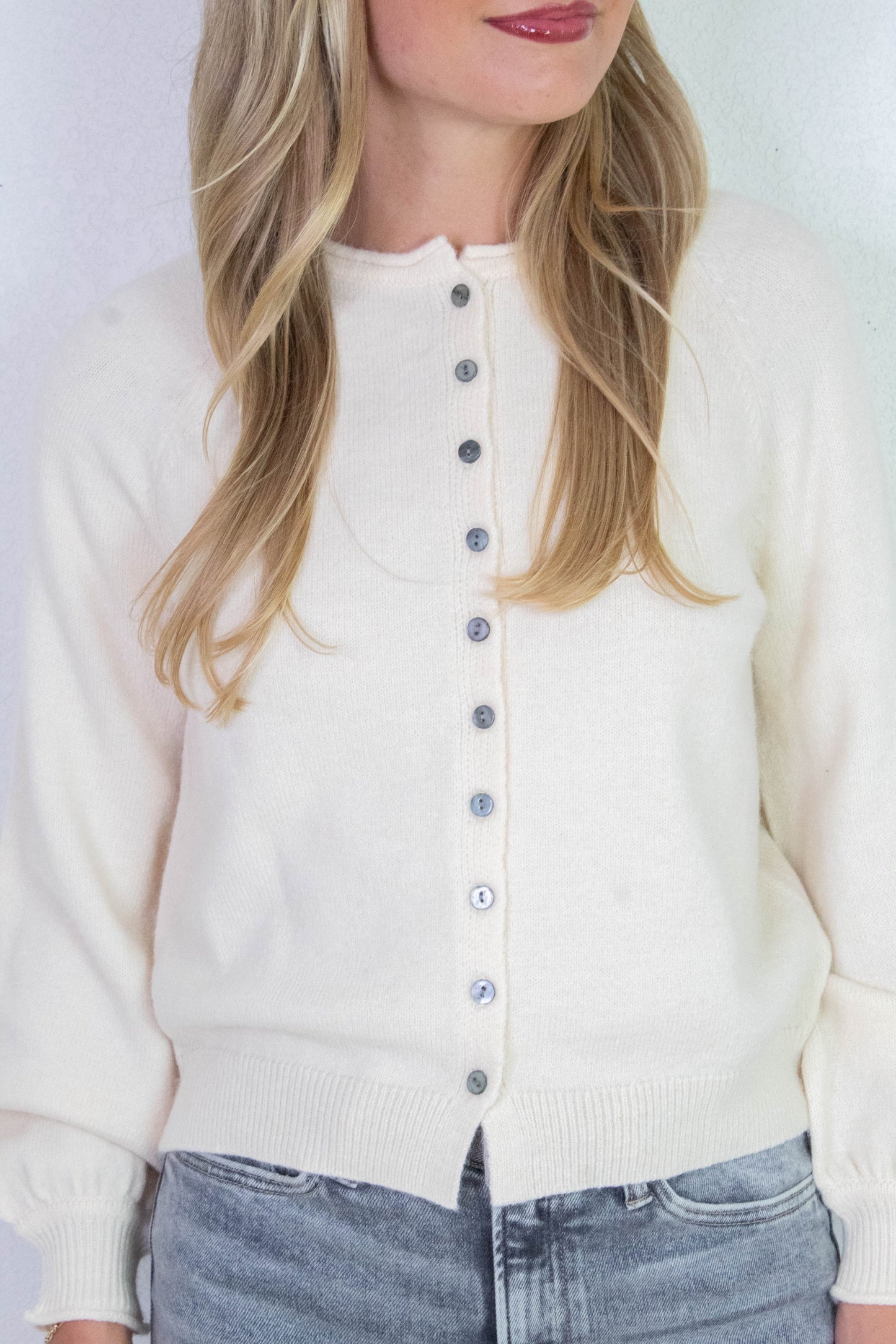  Juliette Rolled Edge Balloon Sleeve Cardigan, Cream