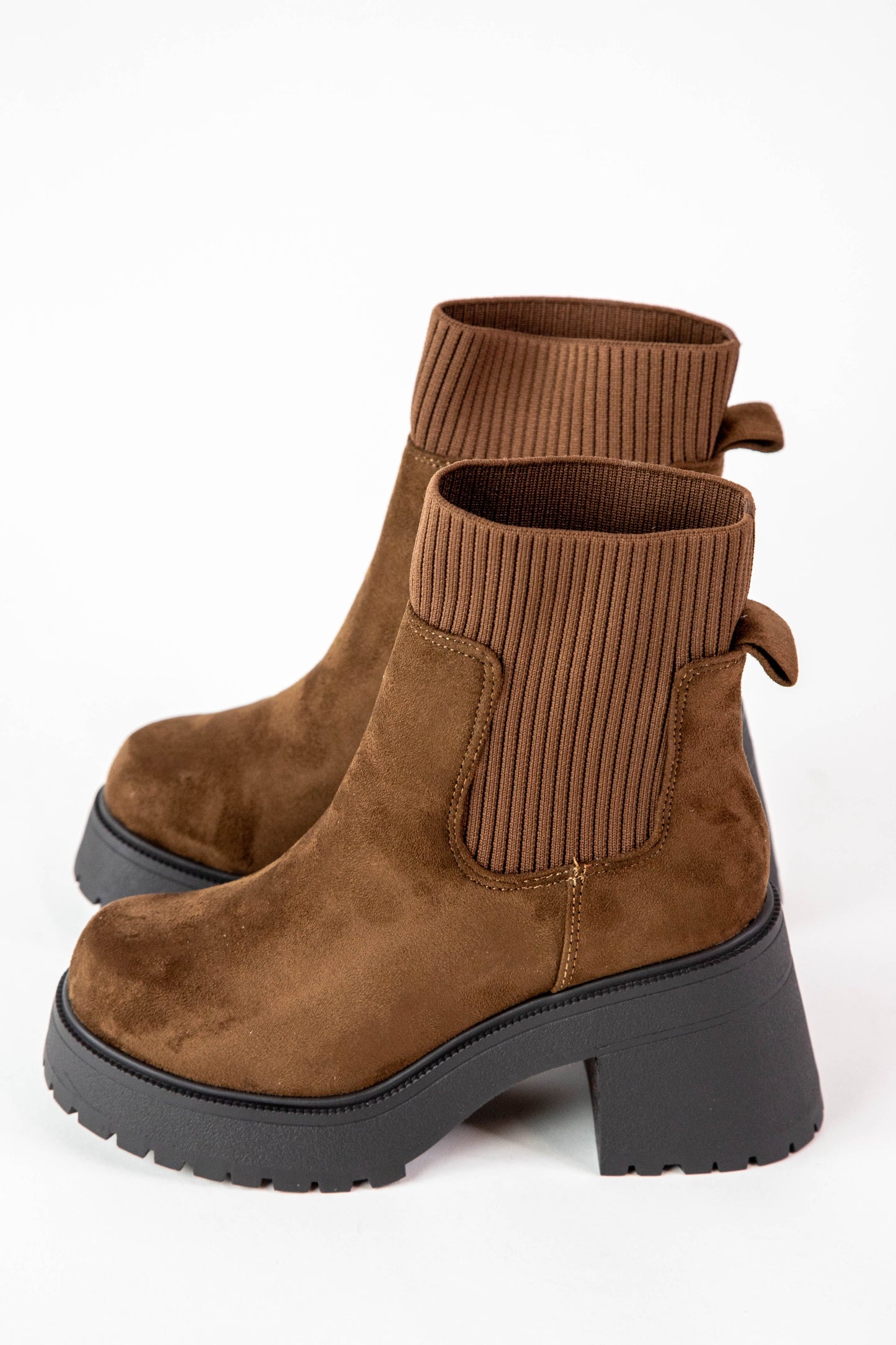  Super Knit Sock Chelsea Boots, Chocolate Faux Suede