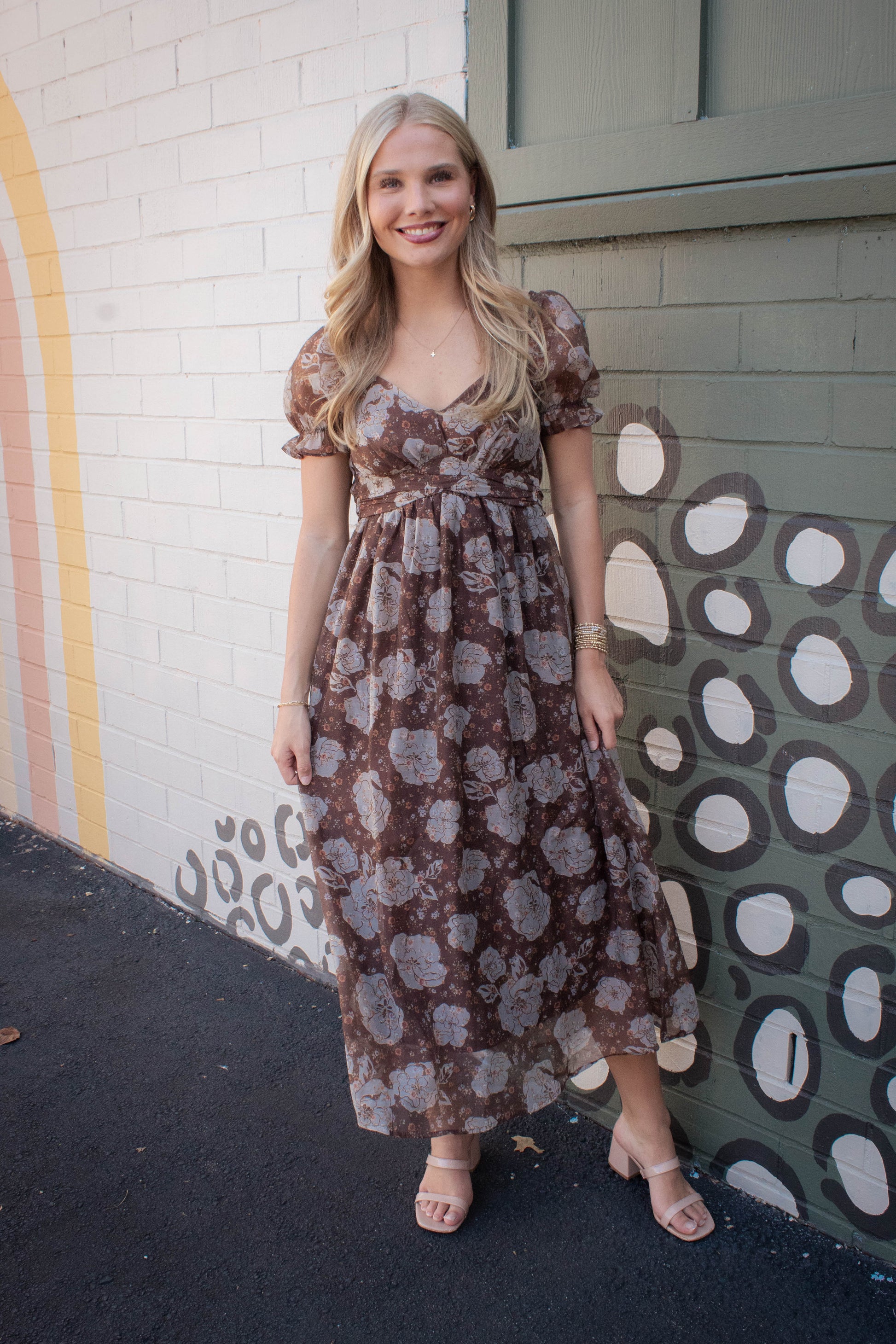  Joy Floral Sweetheart Midi Dress, Brown Multi