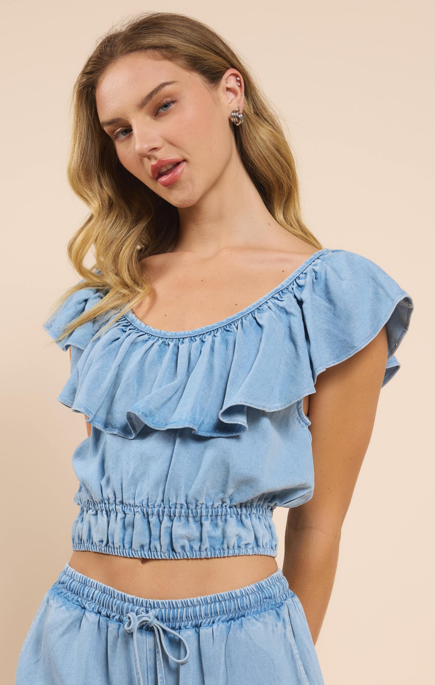  It's Pouring Wide Ruffle Neck Top, Light Chambray | Sadie & Sage