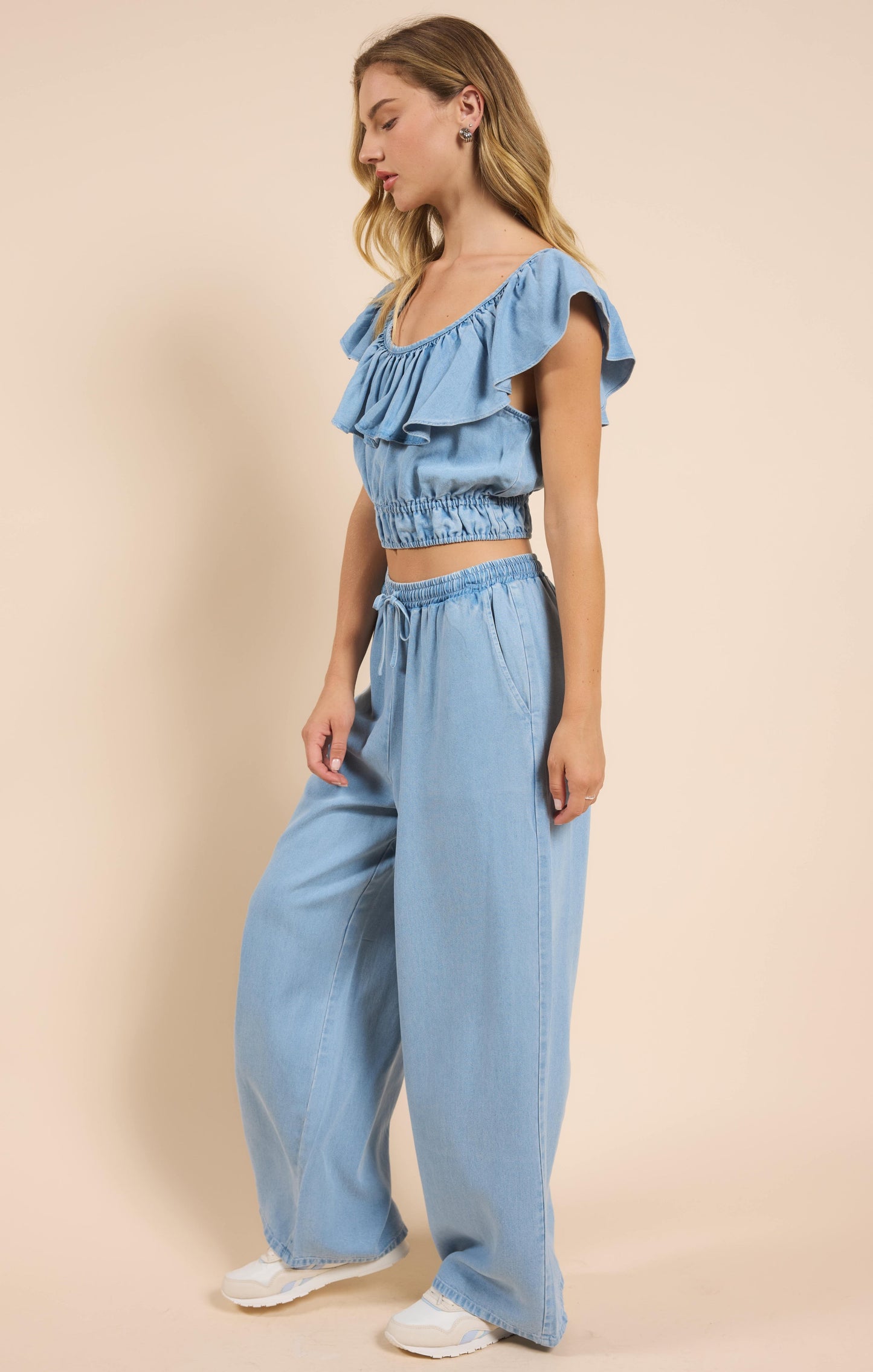  It's Pouring Elastic Drawstring Pants, Light Chambray | Sadie & Sage