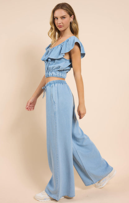  It's Pouring Elastic Drawstring Pants, Light Chambray | Sadie & Sage