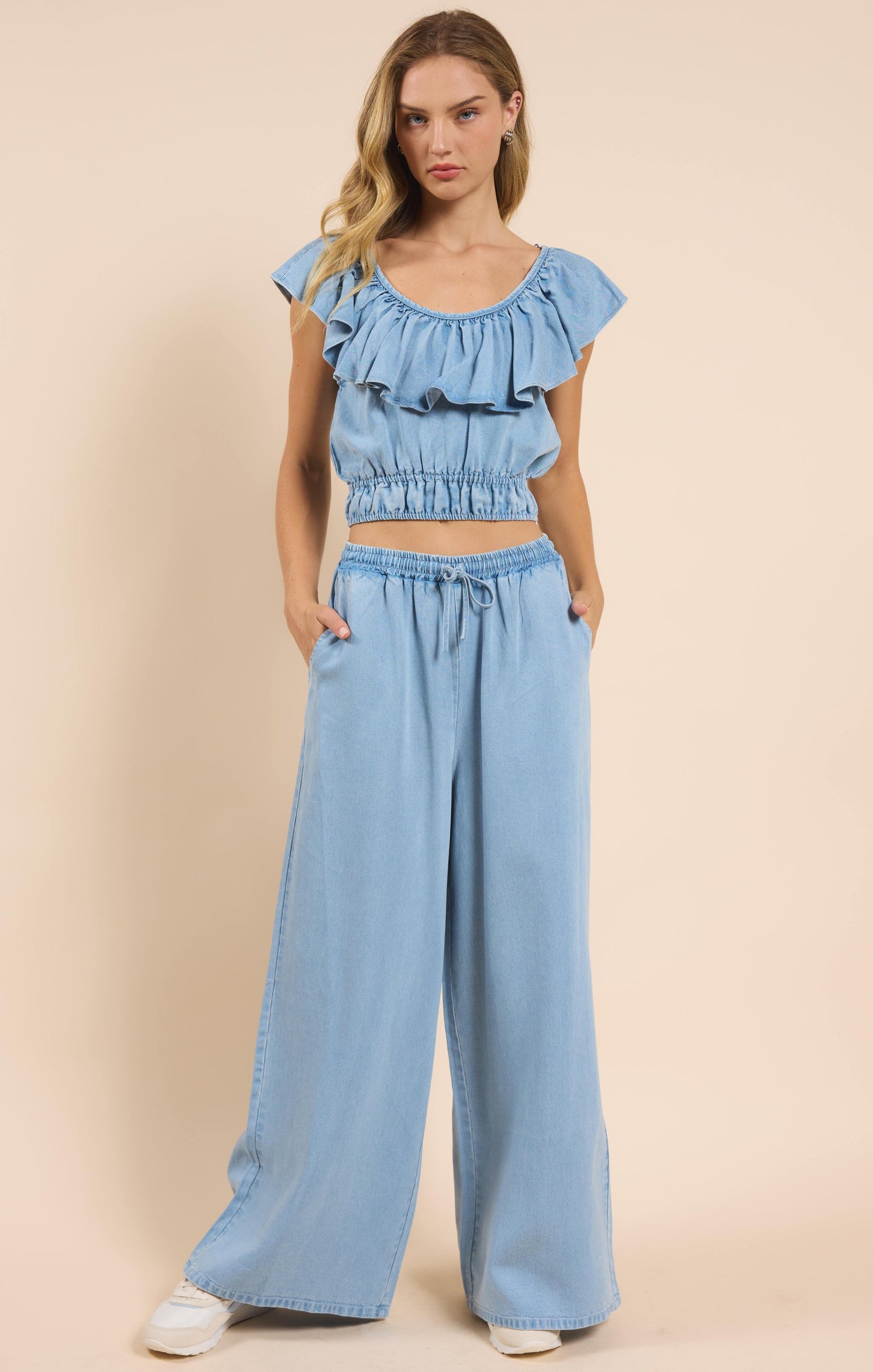 It's Pouring Elastic Drawstring Pants, Light Chambray | Sadie & Sage