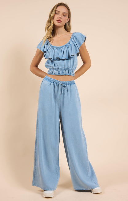  It's Pouring Elastic Drawstring Pants, Light Chambray | Sadie & Sage