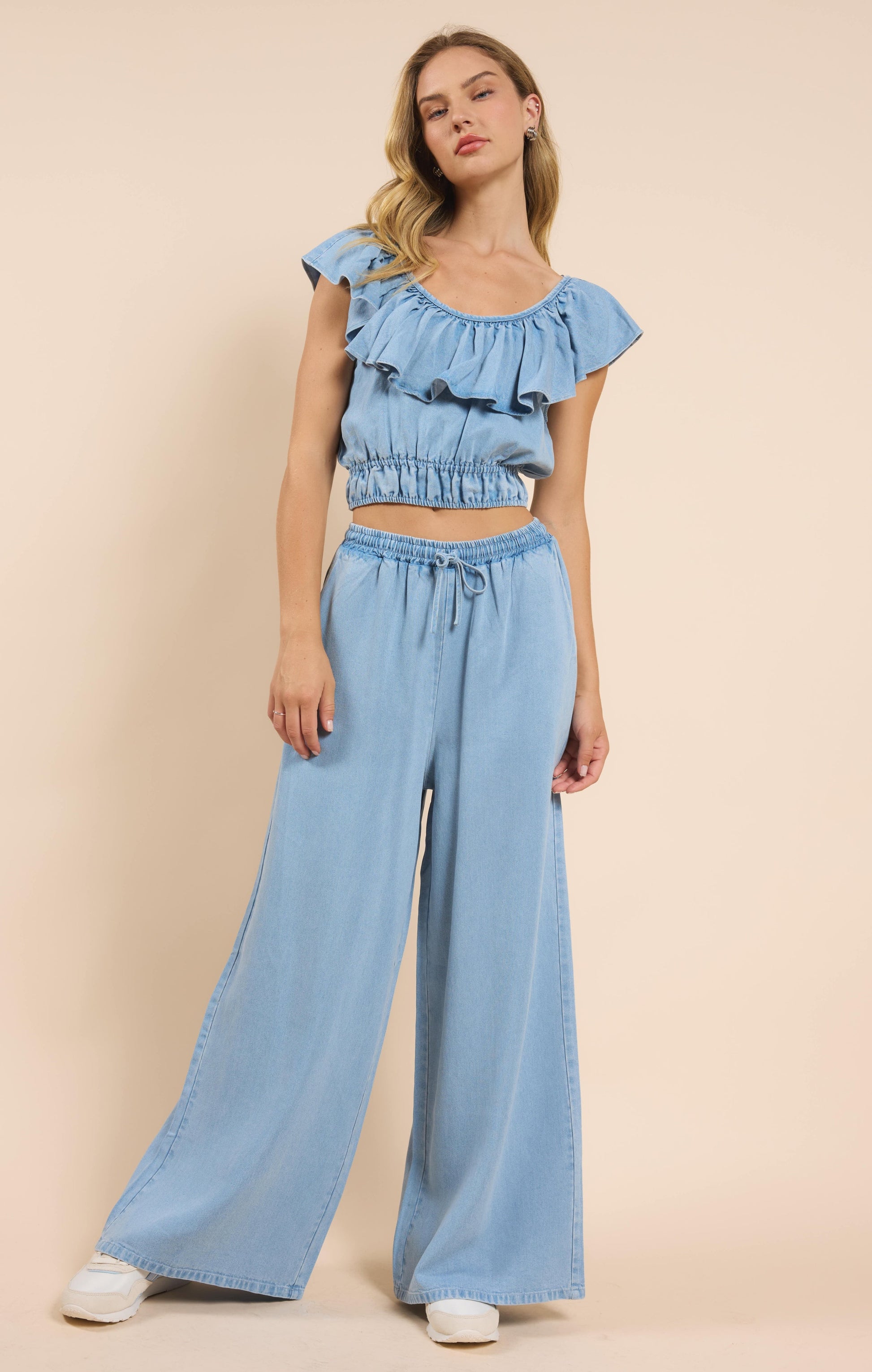  It's Pouring Elastic Drawstring Pants, Light Chambray | Sadie & Sage