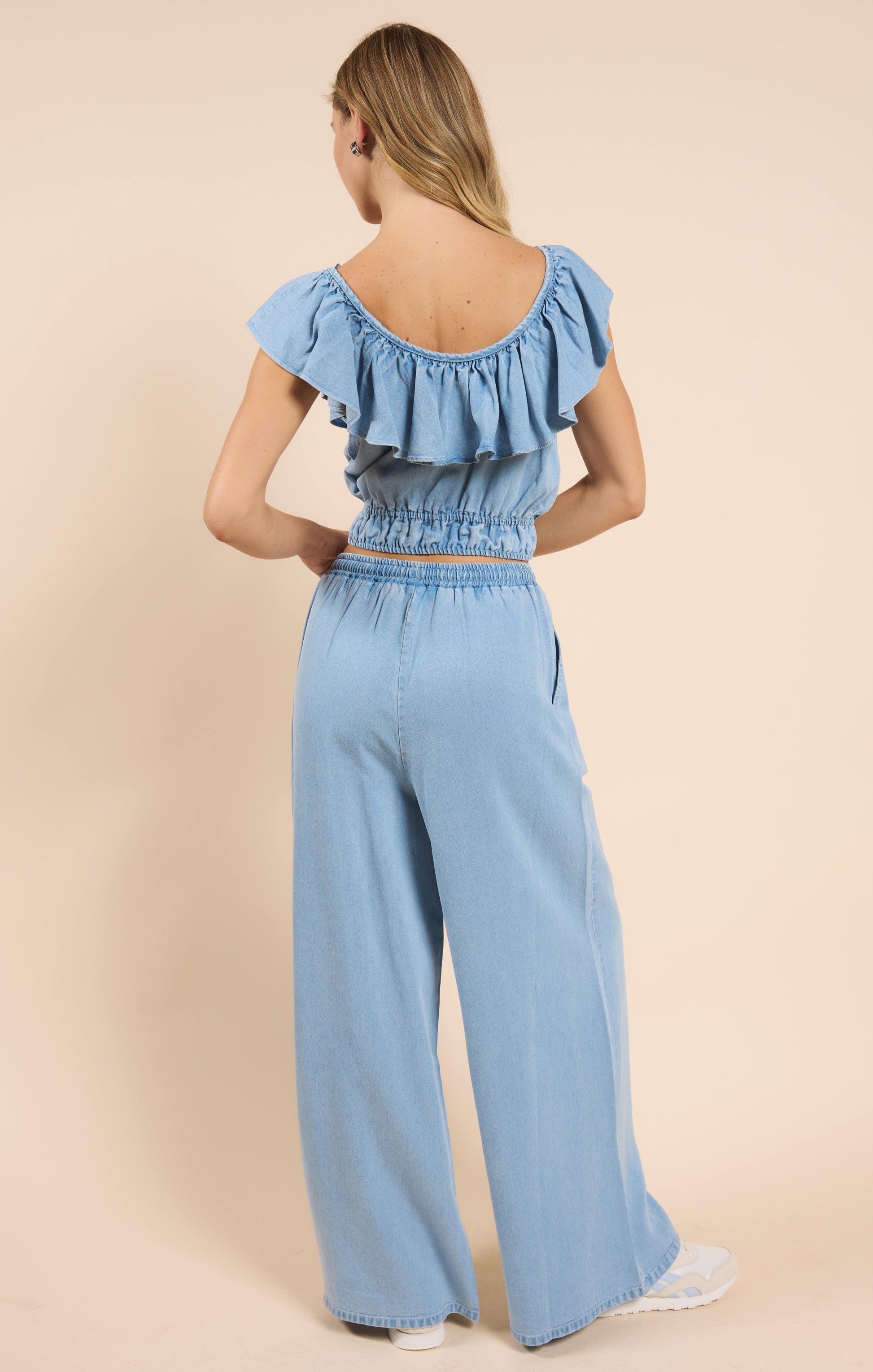  It's Pouring Wide Ruffle Neck Top, Light Chambray | Sadie & Sage