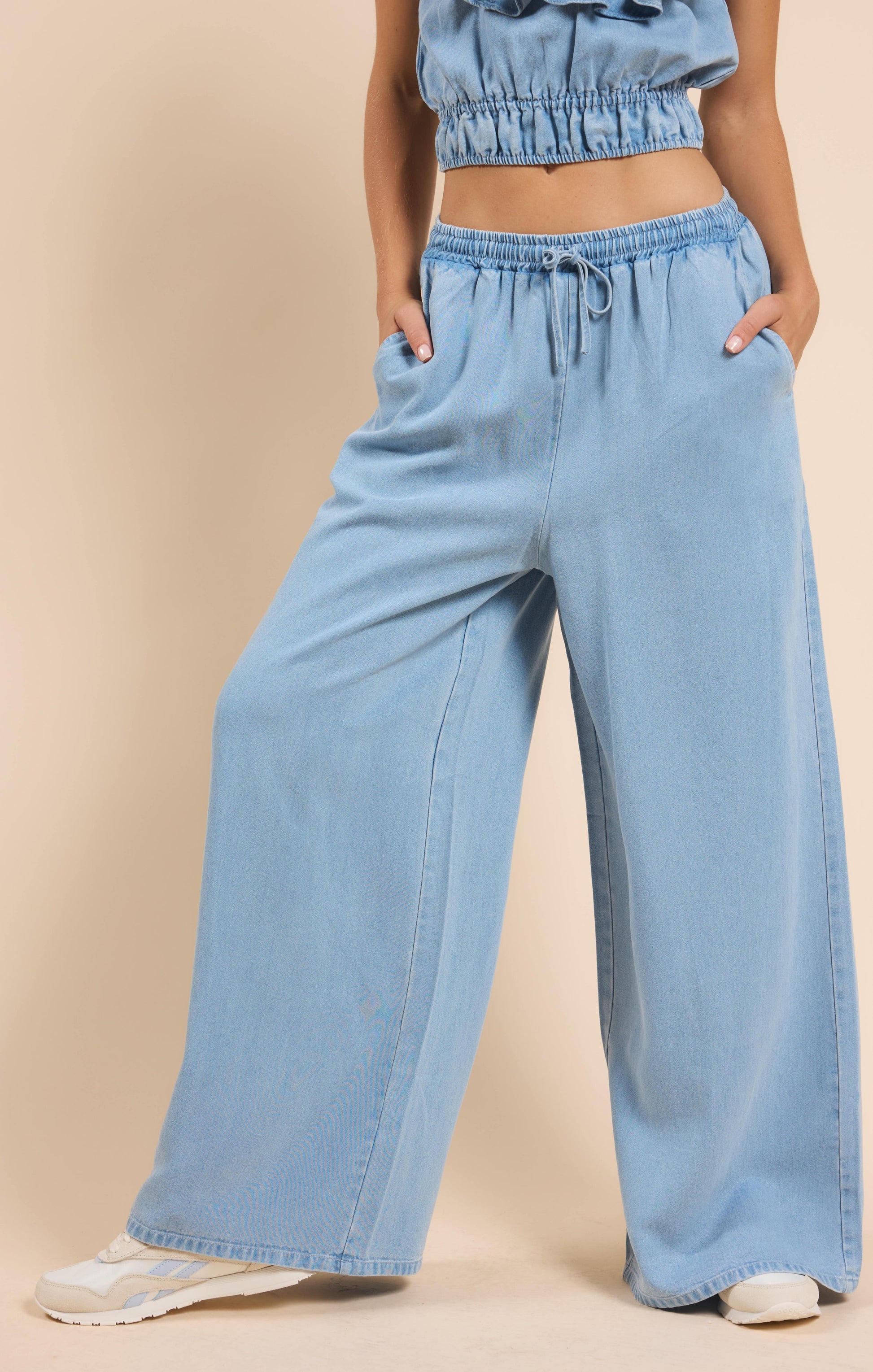  It's Pouring Elastic Drawstring Pants, Light Chambray | Sadie & Sage