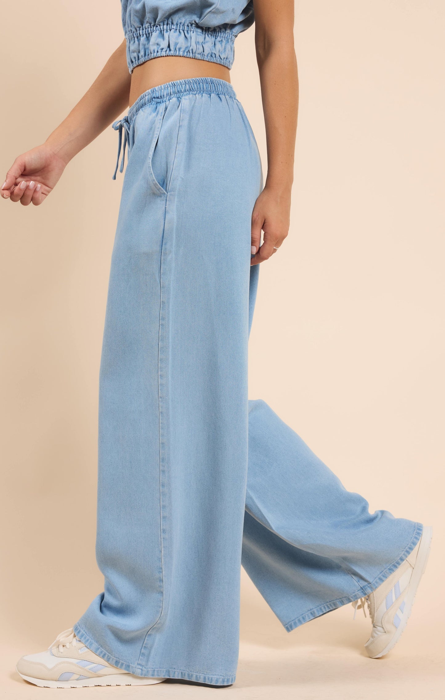  It's Pouring Elastic Drawstring Pants, Light Chambray | Sadie & Sage