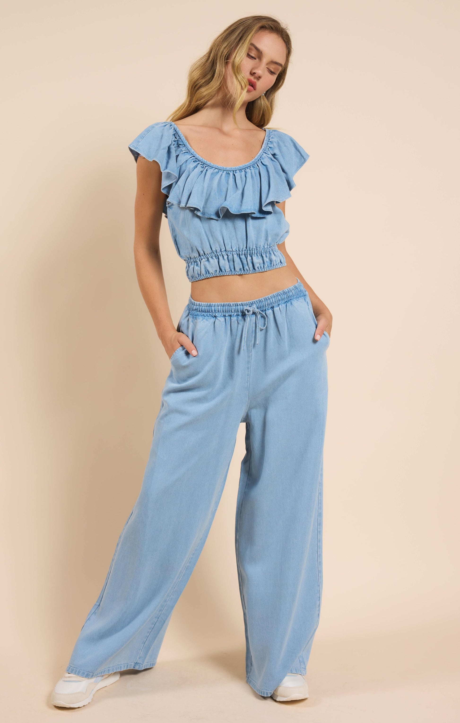  It's Pouring Elastic Drawstring Pants, Light Chambray | Sadie & Sage