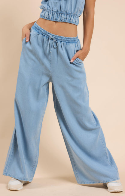  It's Pouring Elastic Drawstring Pants, Light Chambray | Sadie & Sage