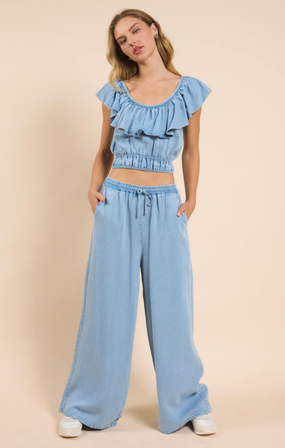  It's Pouring Elastic Drawstring Pants, Light Chambray | Sadie & Sage
