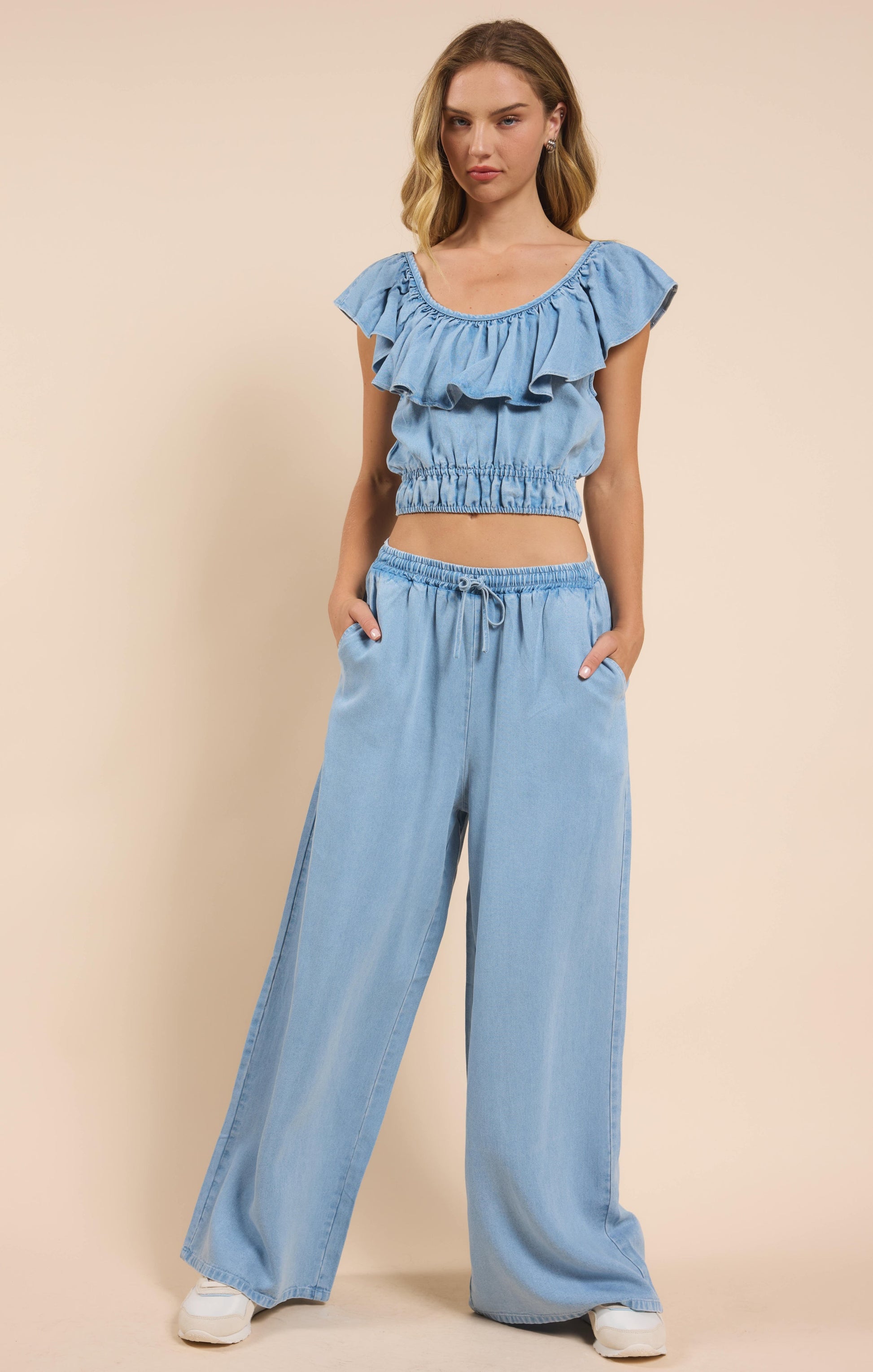  It's Pouring Elastic Drawstring Pants, Light Chambray | Sadie & Sage