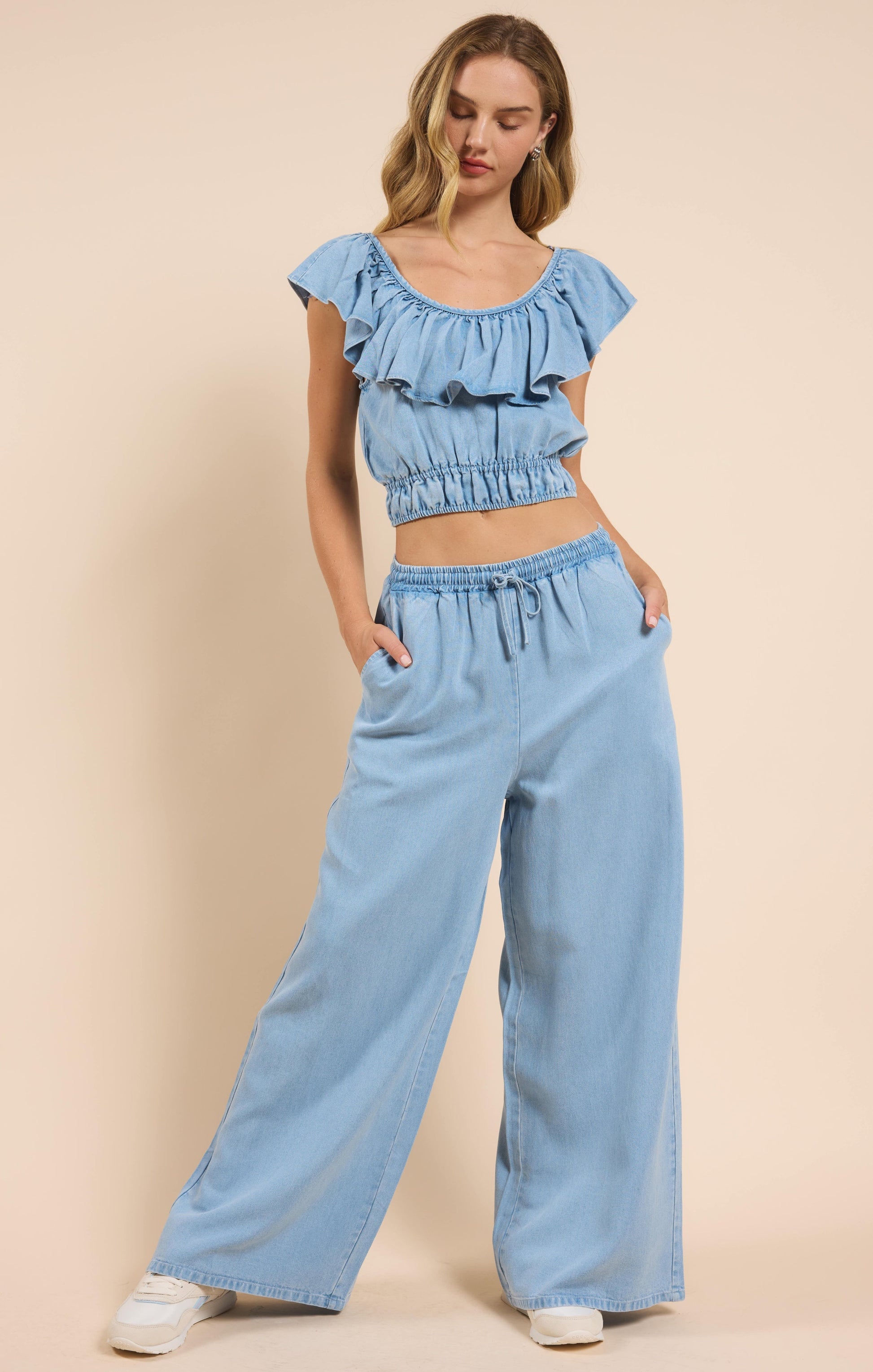  It's Pouring Elastic Drawstring Pants, Light Chambray | Sadie & Sage