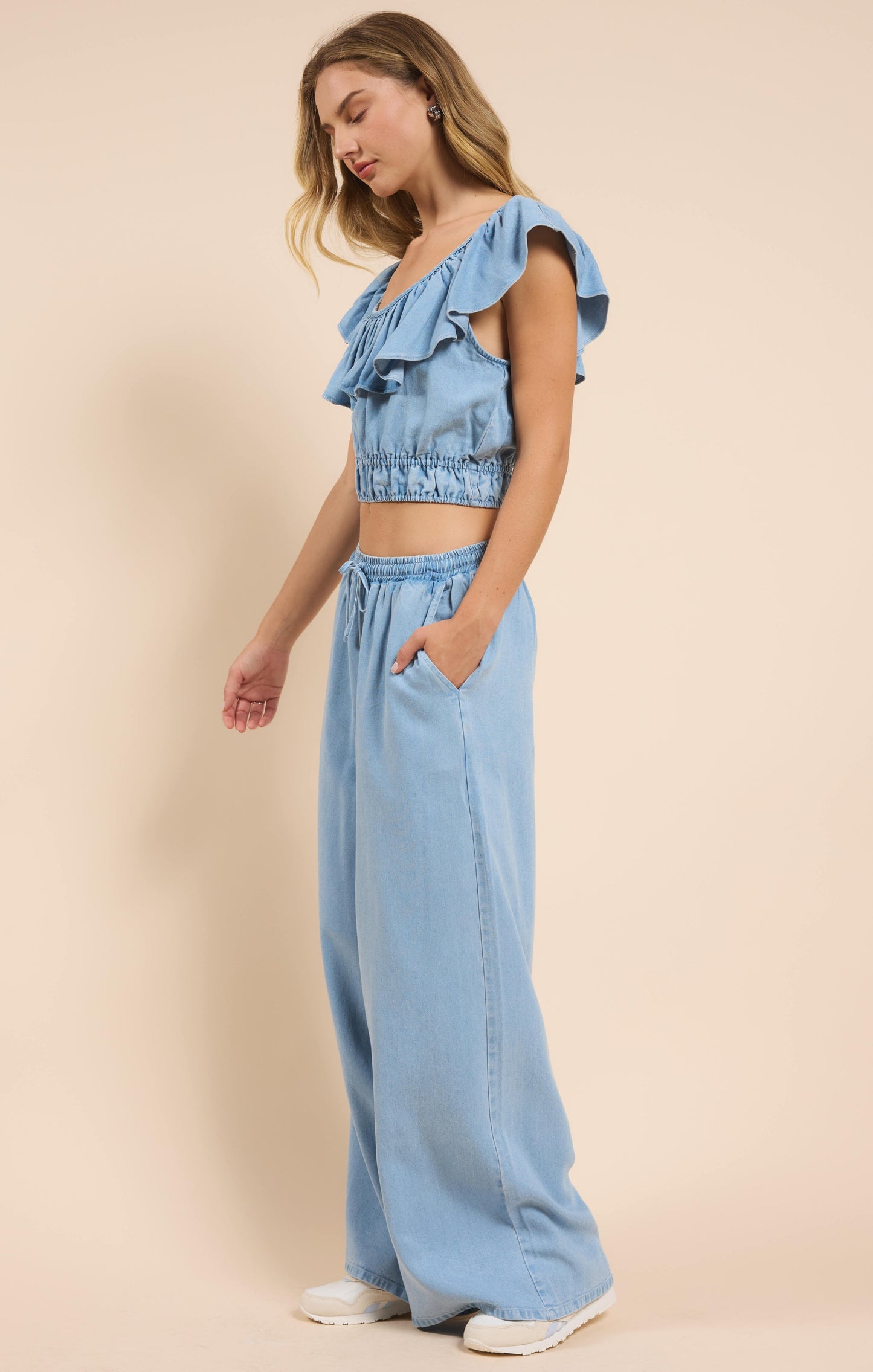  It's Pouring Elastic Drawstring Pants, Light Chambray | Sadie & Sage