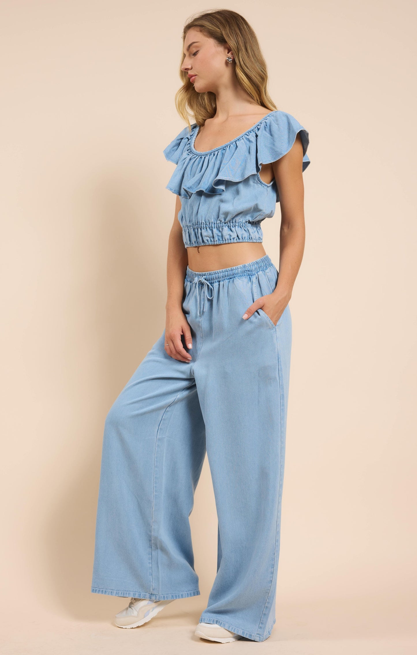  It's Pouring Elastic Drawstring Pants, Light Chambray | Sadie & Sage