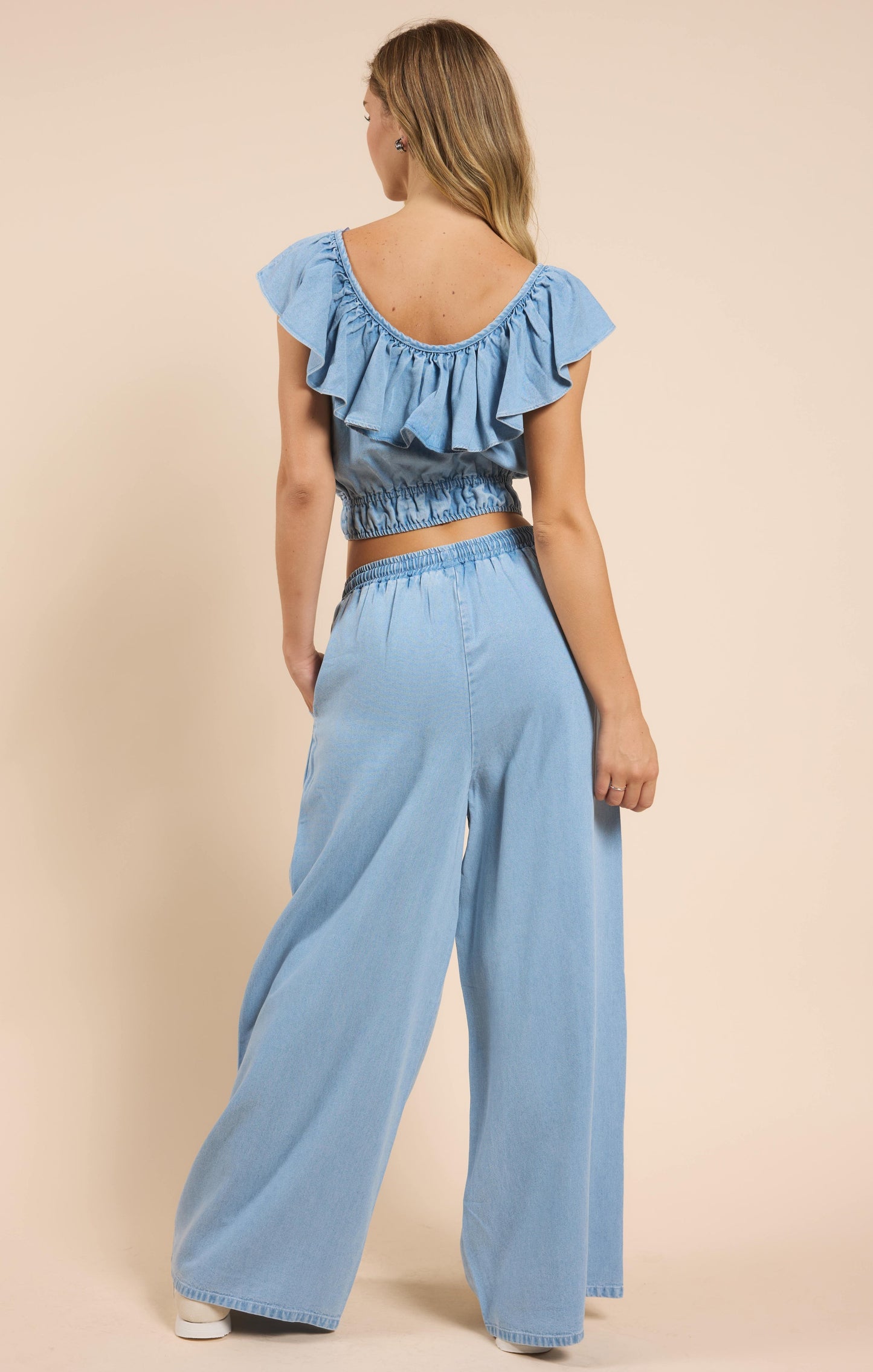  It's Pouring Elastic Drawstring Pants, Light Chambray | Sadie & Sage