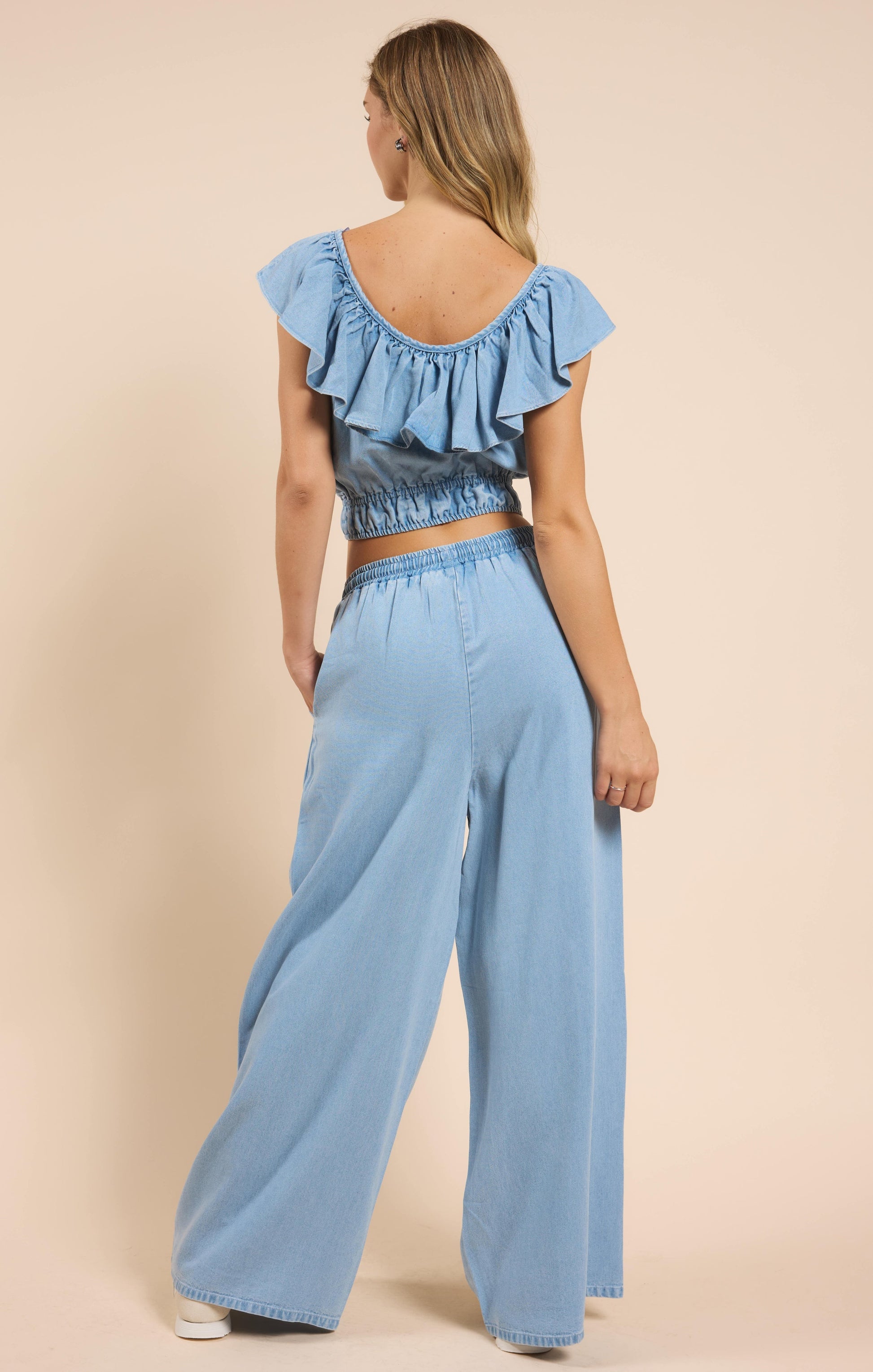  It's Pouring Elastic Drawstring Pants, Light Chambray | Sadie & Sage