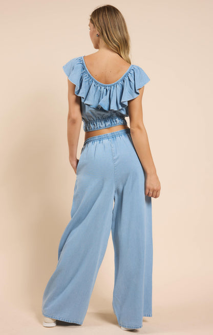  It's Pouring Elastic Drawstring Pants, Light Chambray | Sadie & Sage