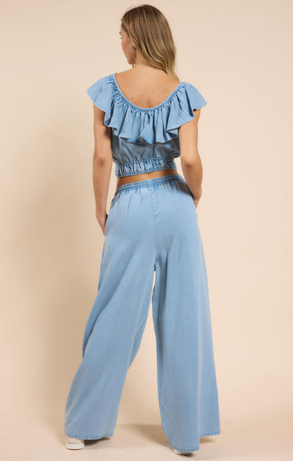  It's Pouring Elastic Drawstring Pants, Light Chambray | Sadie & Sage
