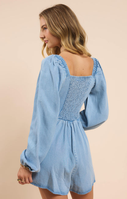  It's Pouring Smocked Back Romper, Light Chambray | Sadie & Sage