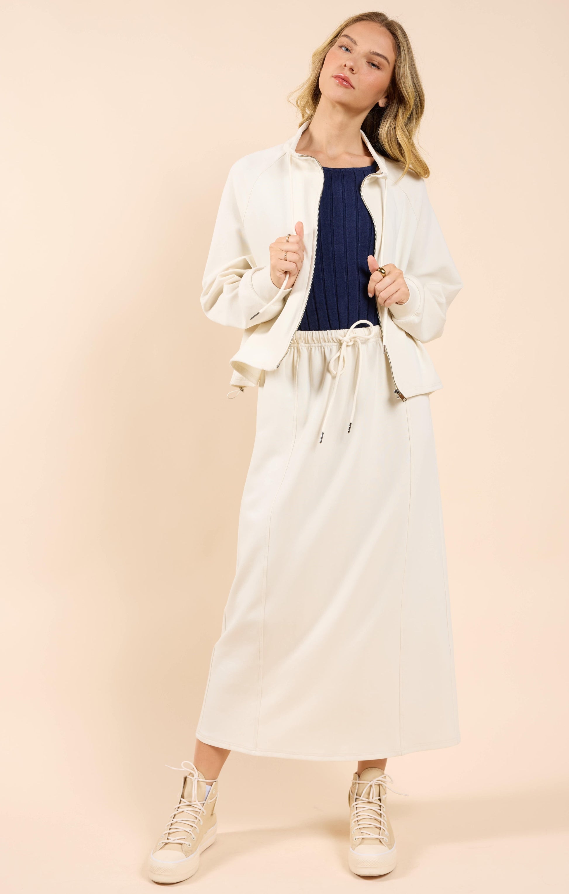  Lonestar Drawstring Midi Skirt, Ivory | Sadie & Sage