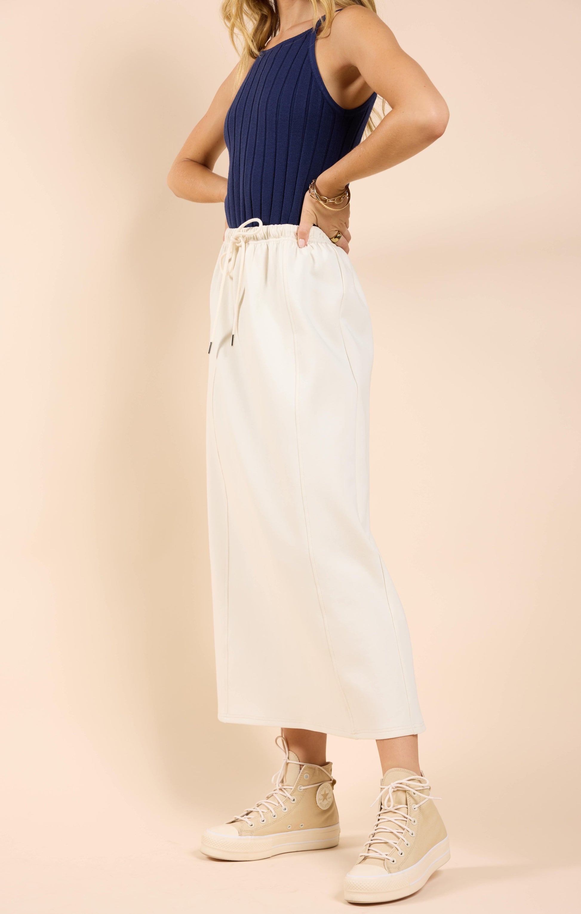  Lonestar Drawstring Midi Skirt, Ivory | Sadie & Sage