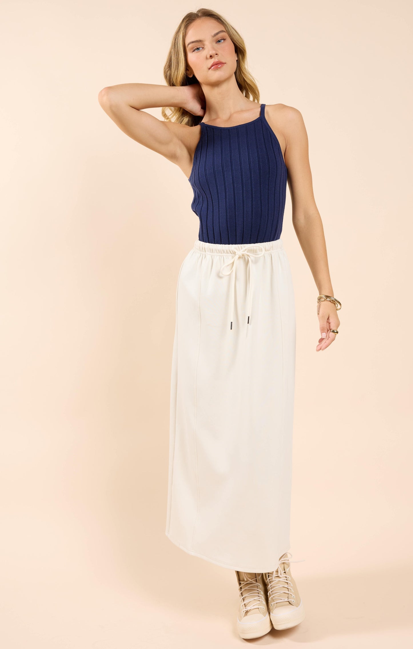  Lonestar Drawstring Midi Skirt, Ivory | Sadie & Sage