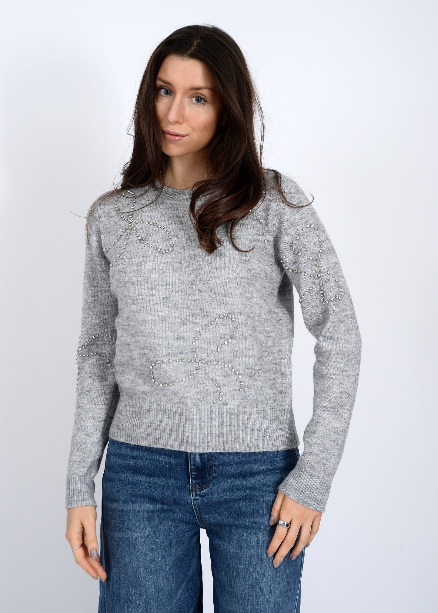  Ginevra Rhinestone Bow Sweater, Light Grey Melange | RD Style