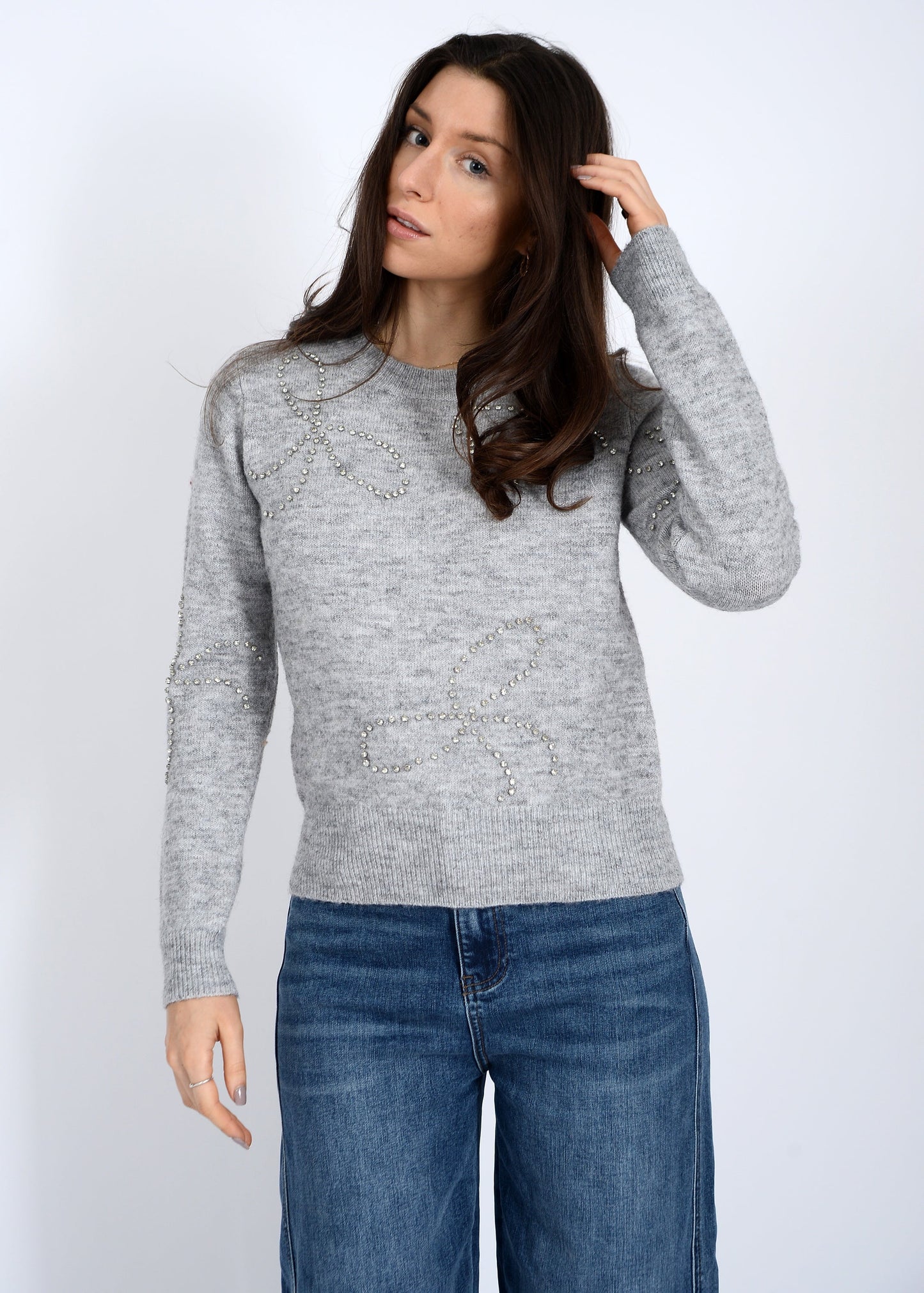  Ginevra Rhinestone Bow Sweater, Light Grey Melange | RD Style