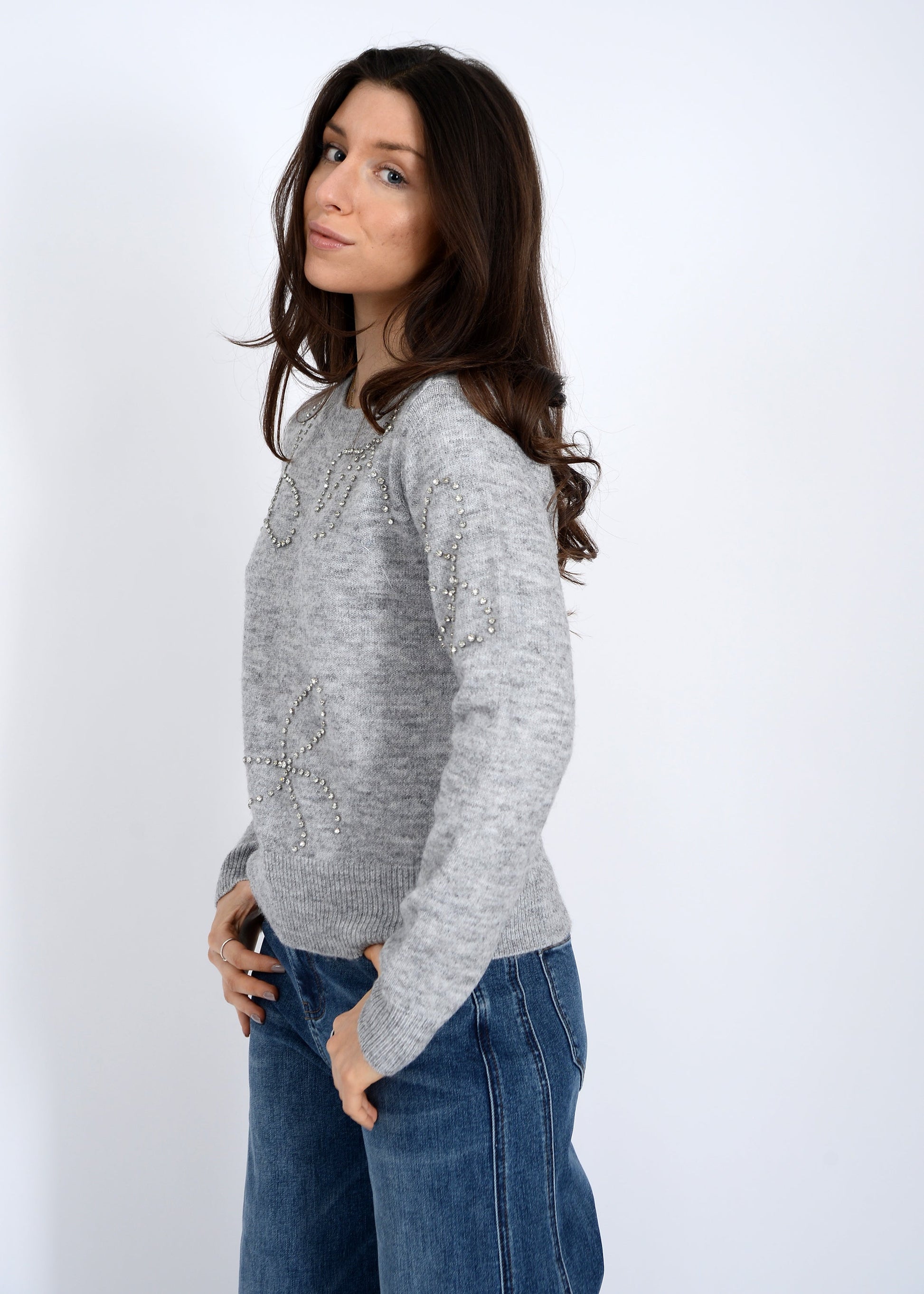  Ginevra Rhinestone Bow Sweater, Light Grey Melange | RD Style