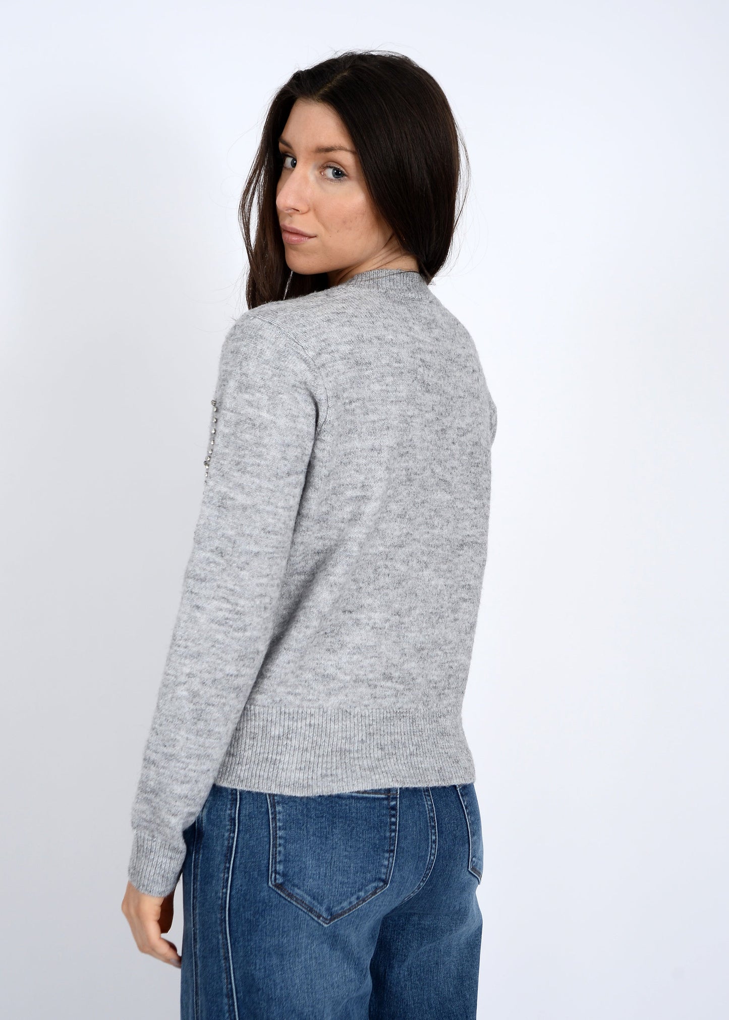  Ginevra Rhinestone Bow Sweater, Light Grey Melange | RD Style