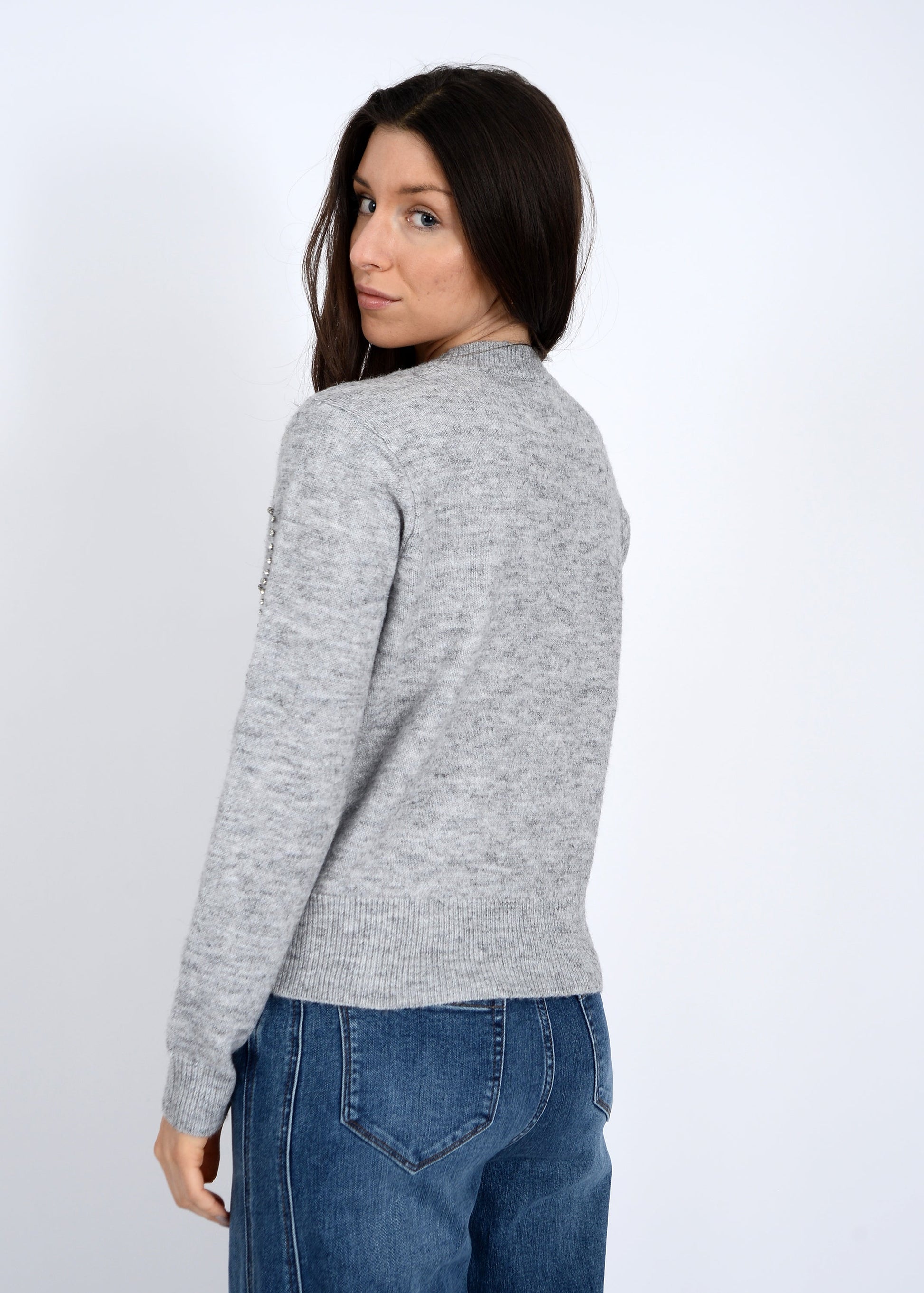  Ginevra Rhinestone Bow Sweater, Light Grey Melange | RD Style