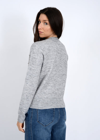  Ginevra Rhinestone Bow Sweater, Light Grey Melange | RD Style