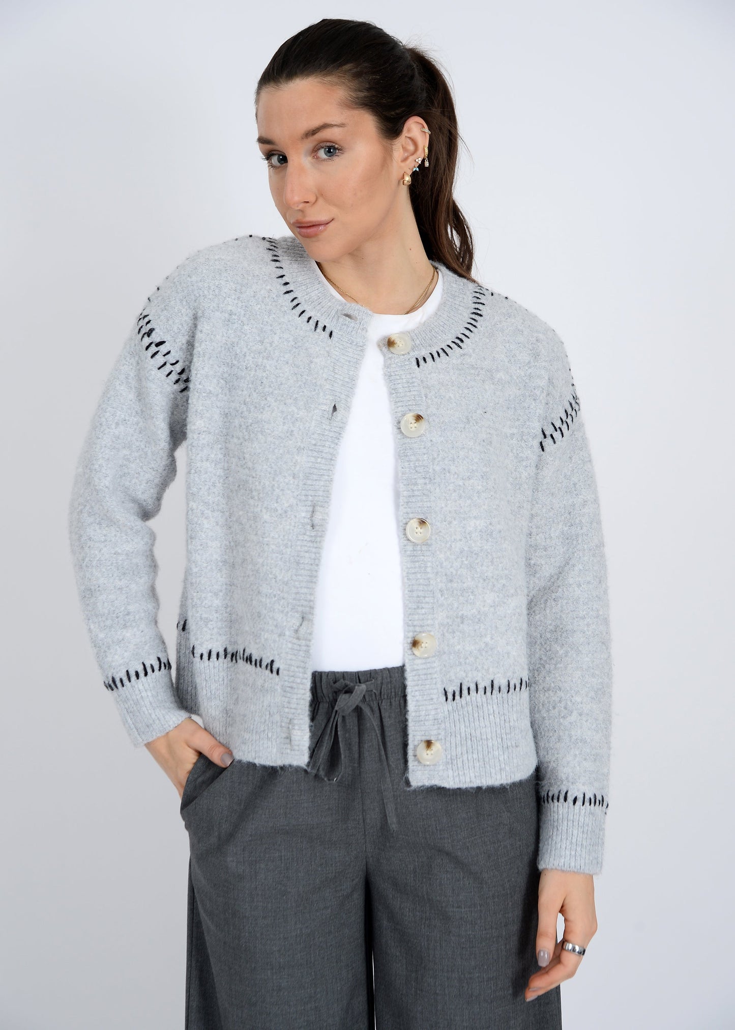  Lottie Stitch Detail Cardigan, Grey | RD Style