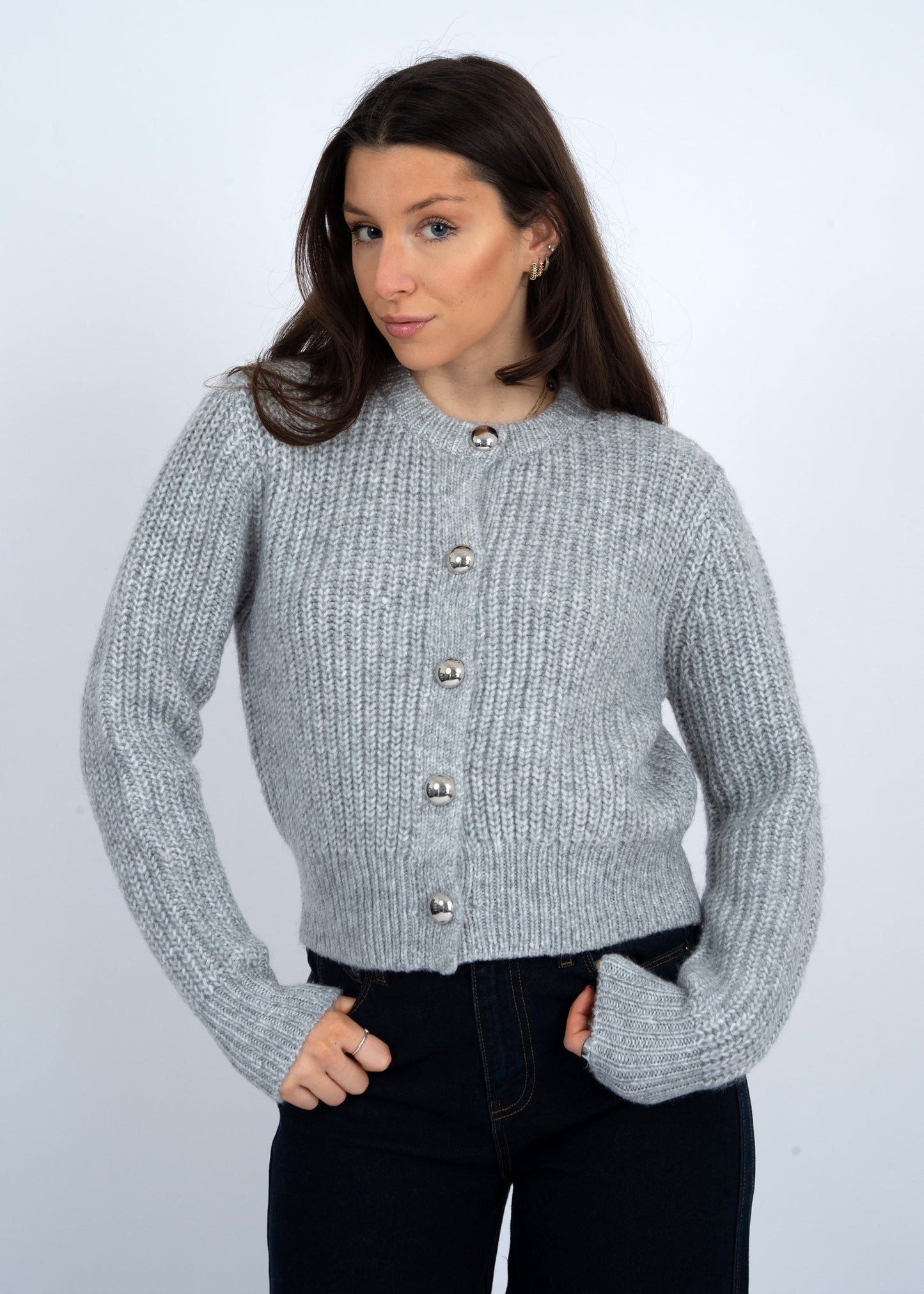  Letrice Silver Button Cardigan, Silver Grey Melange | RD Style