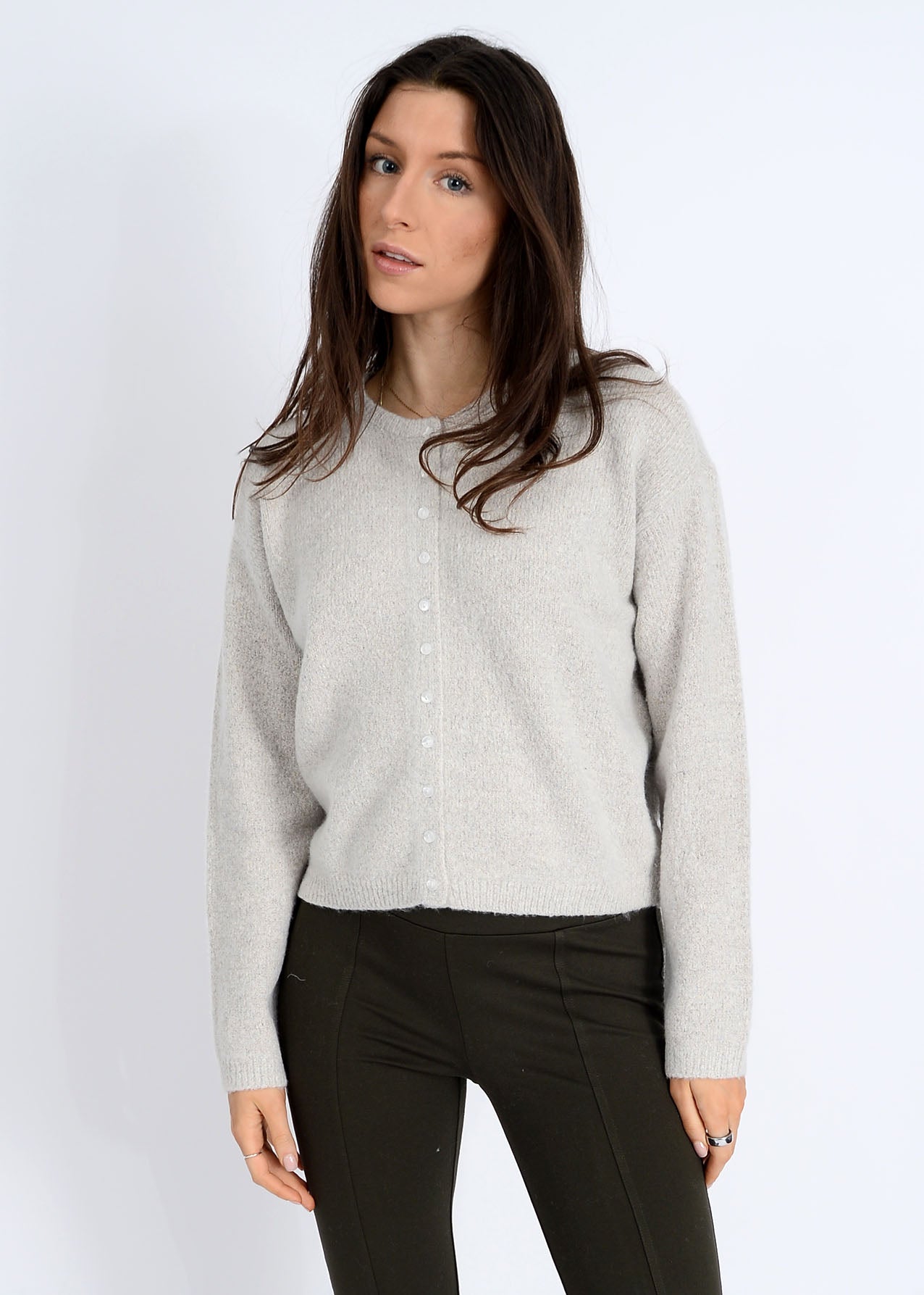  Zhongli Crewneck Cardigan, Greige Twist | RD Style