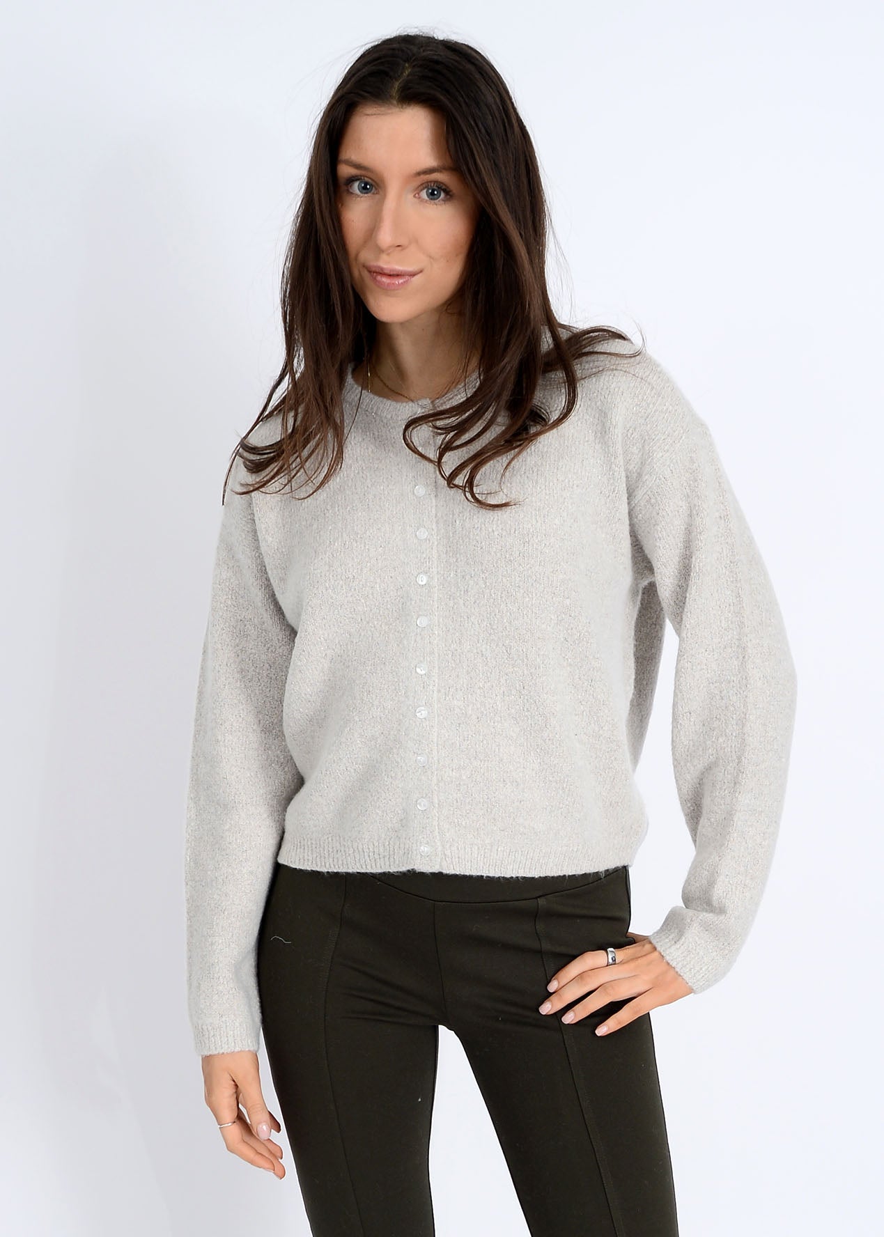  Zhongli Crewneck Cardigan, Greige Twist | RD Style