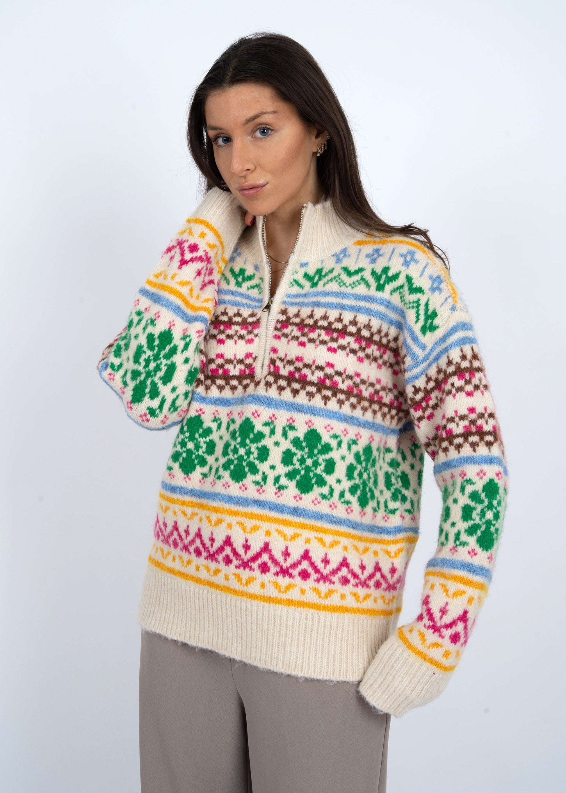  Urania Multi Colored Pullover Sweater, Cream | RD Style