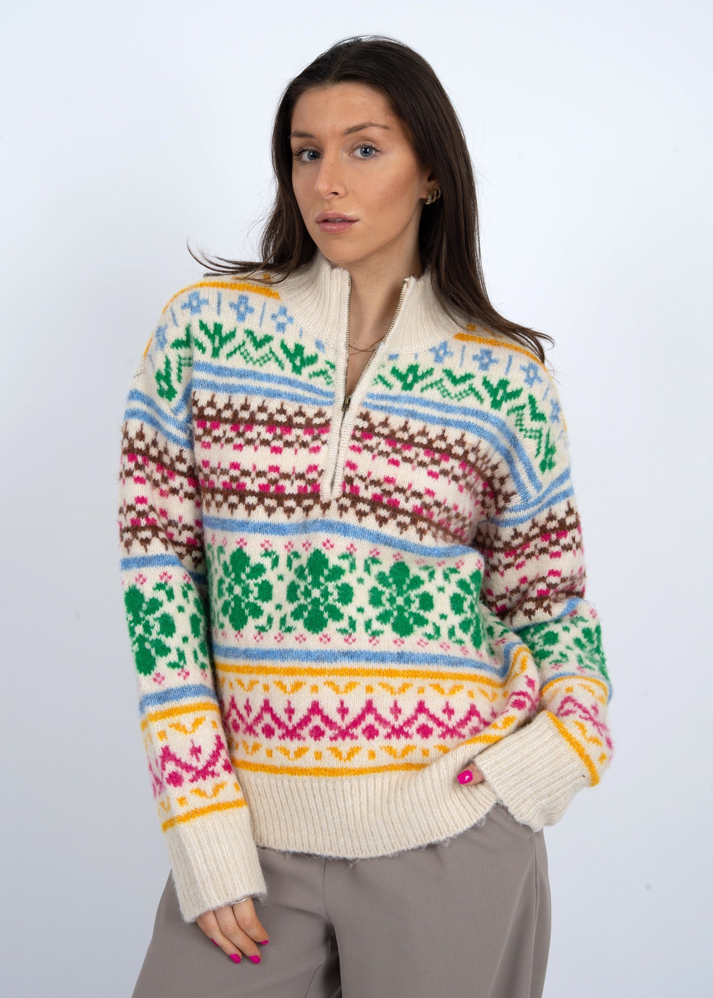  Urania Multi Colored Pullover Sweater, Cream | RD Style