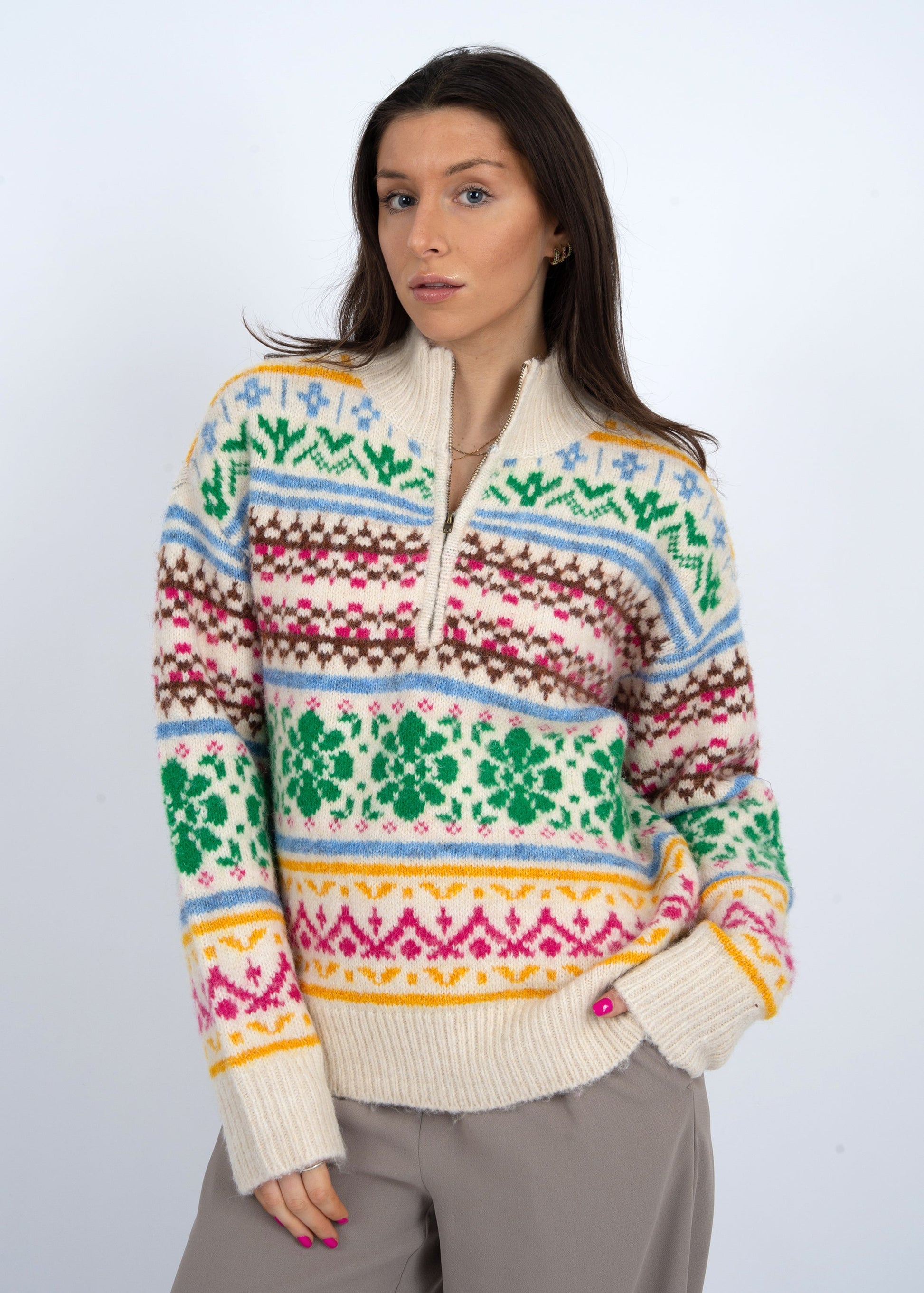  Urania Multi Colored Pullover Sweater, Cream | RD Style