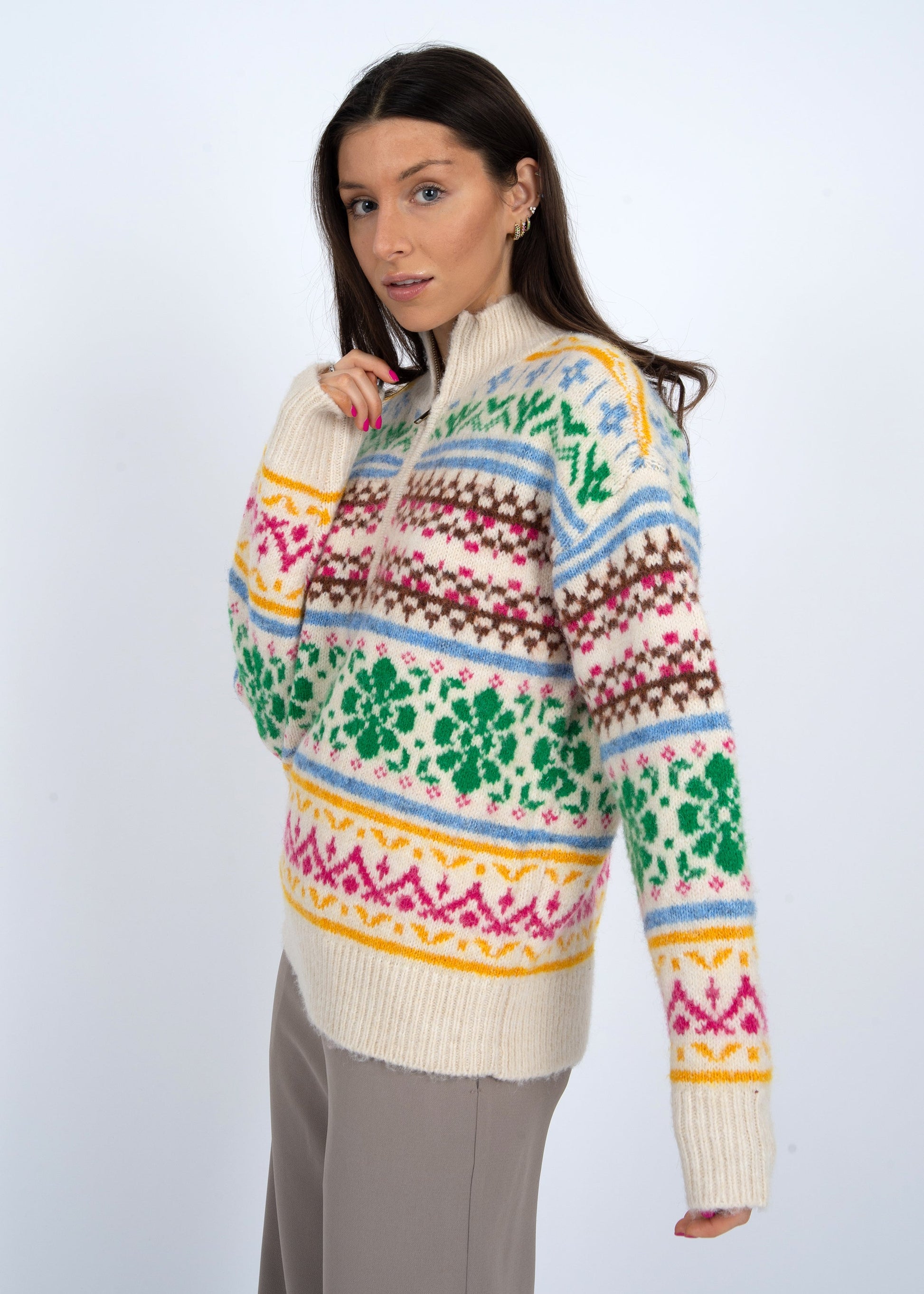  Urania Multi Colored Pullover Sweater, Cream | RD Style