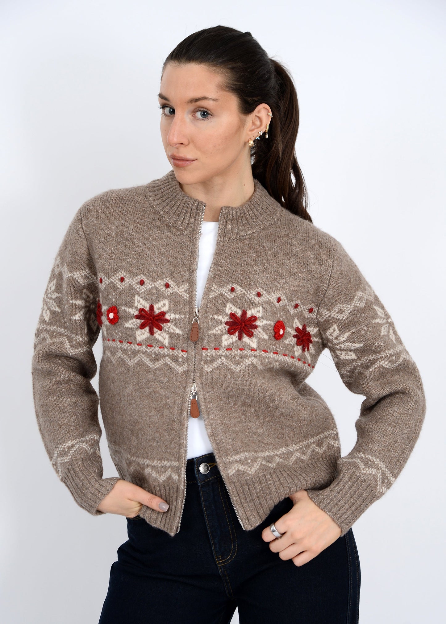  Nayeli Zip Up Embroidered Cardigan, Taupe | RD Style