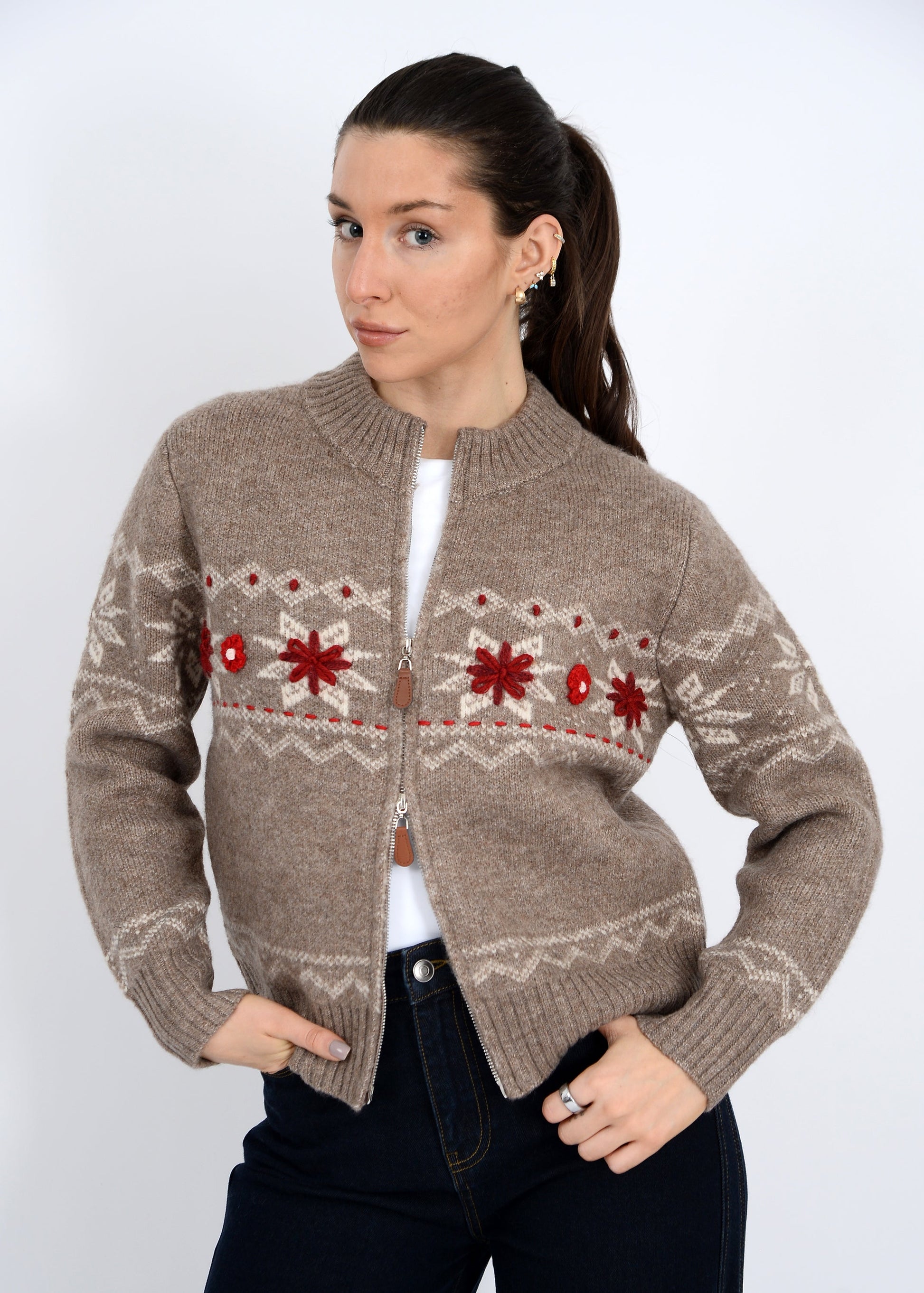  Nayeli Zip Up Embroidered Cardigan, Taupe | RD Style