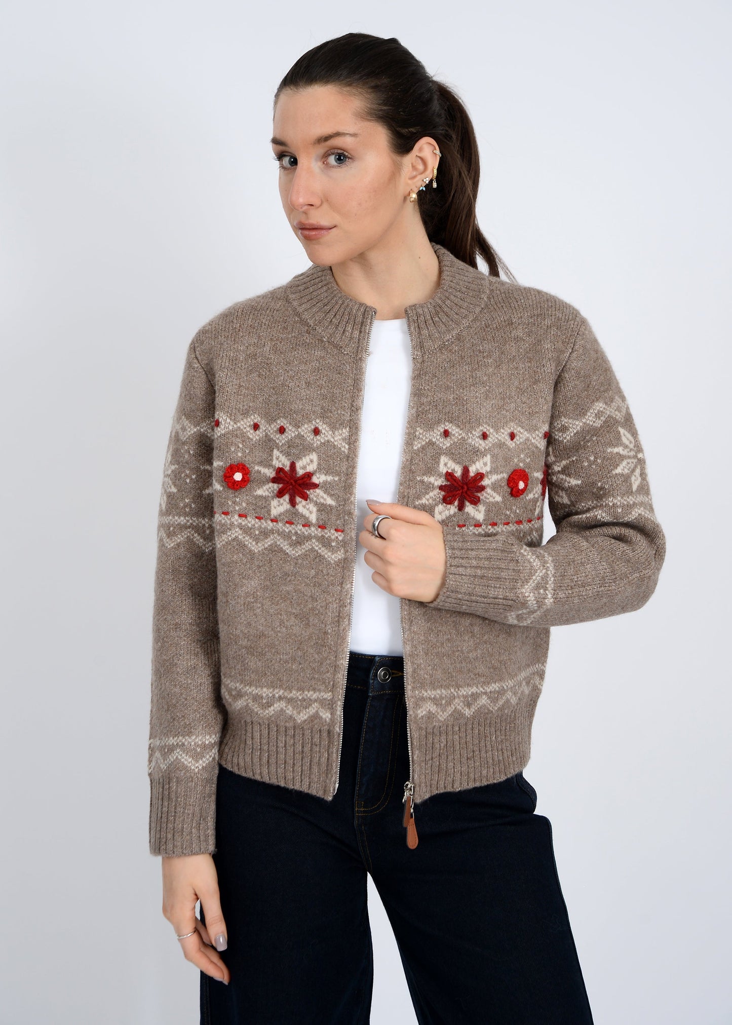  Nayeli Zip Up Embroidered Cardigan, Taupe | RD Style