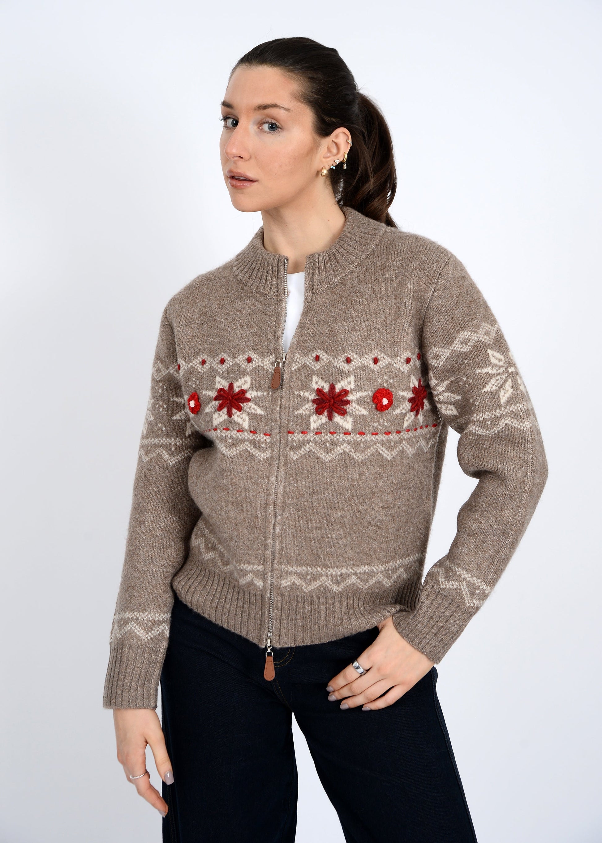  Nayeli Zip Up Embroidered Cardigan, Taupe | RD Style