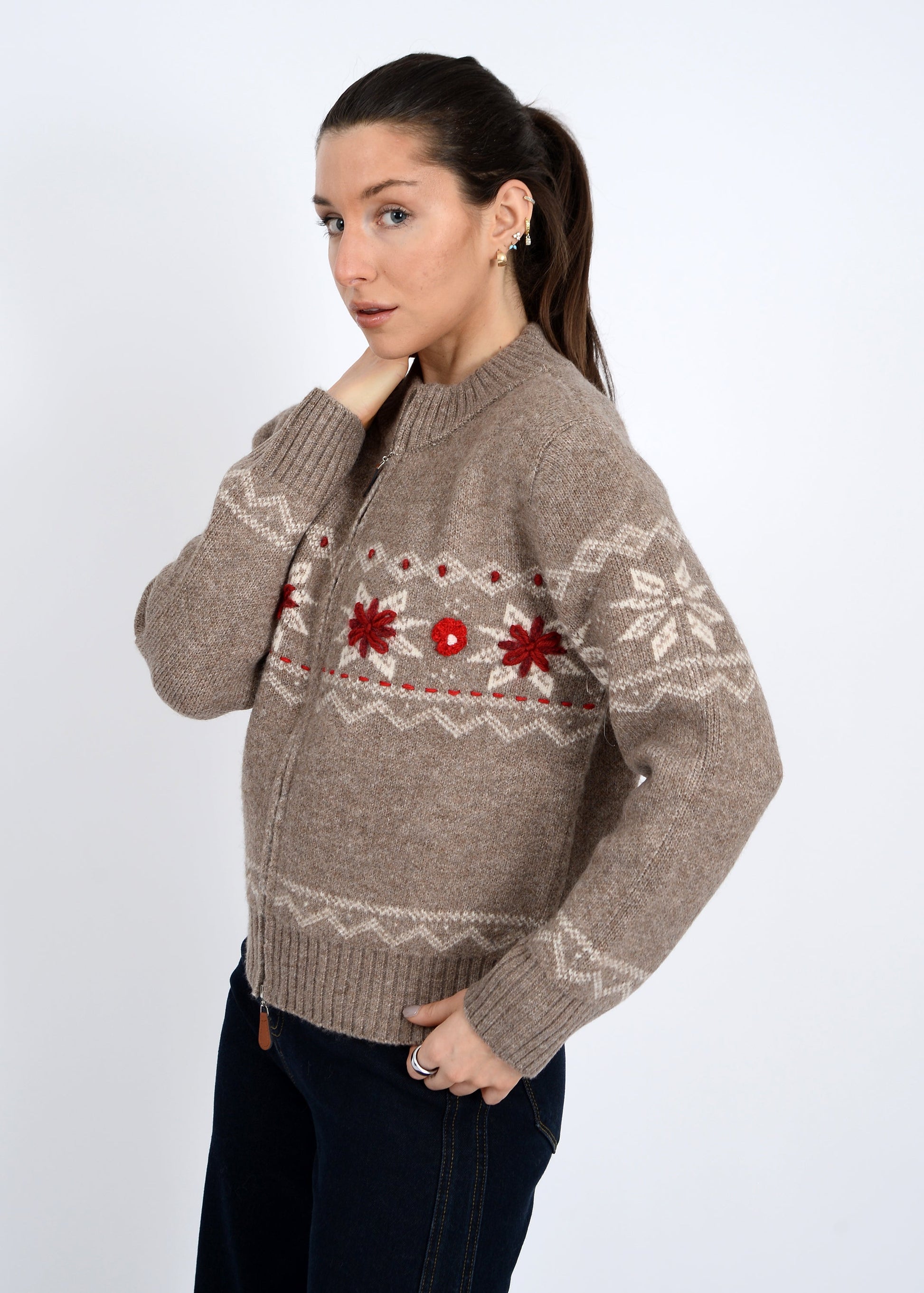  Nayeli Zip Up Embroidered Cardigan, Taupe | RD Style